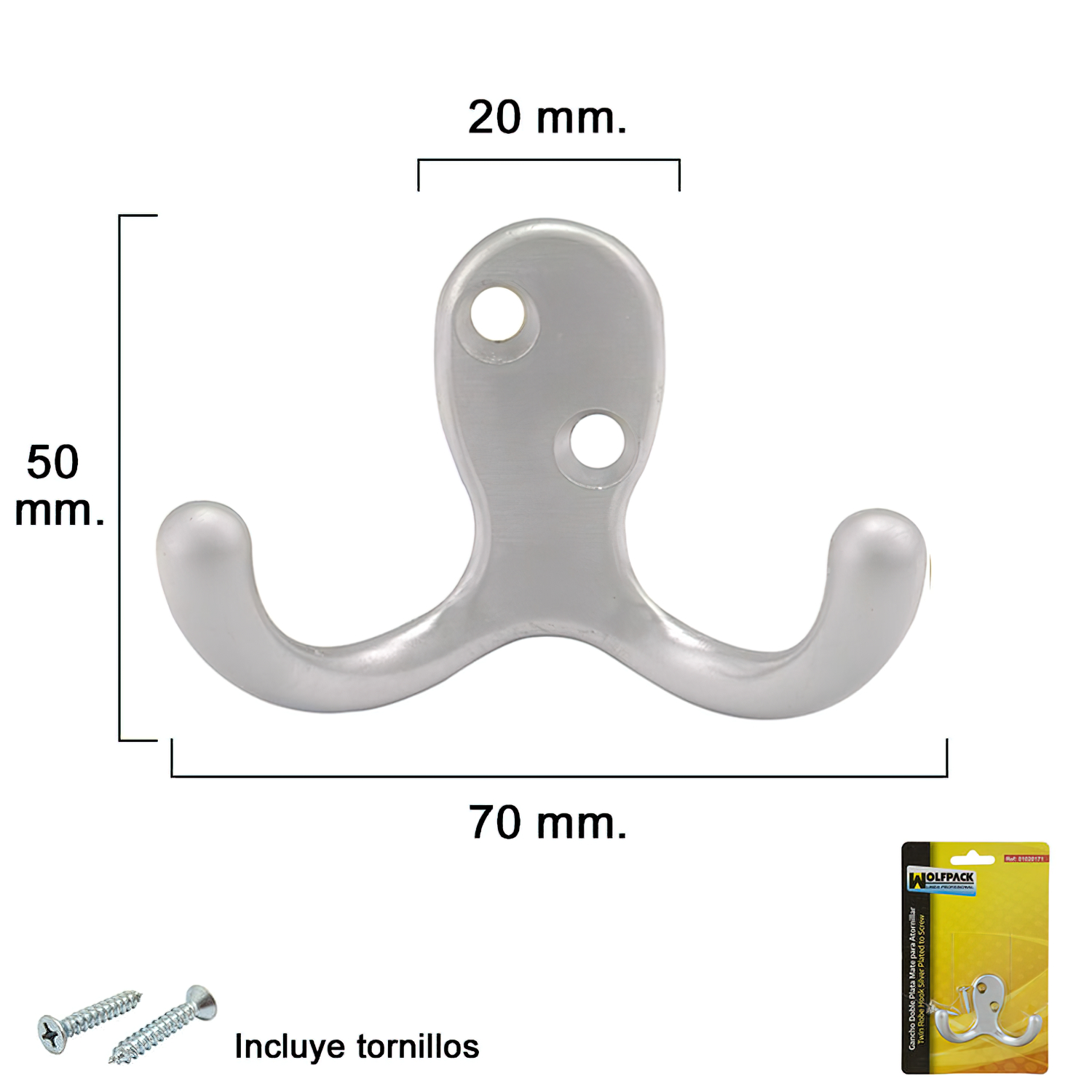 Gancho Doble Plata Mate Para Atornillar con tornillos incluidos,