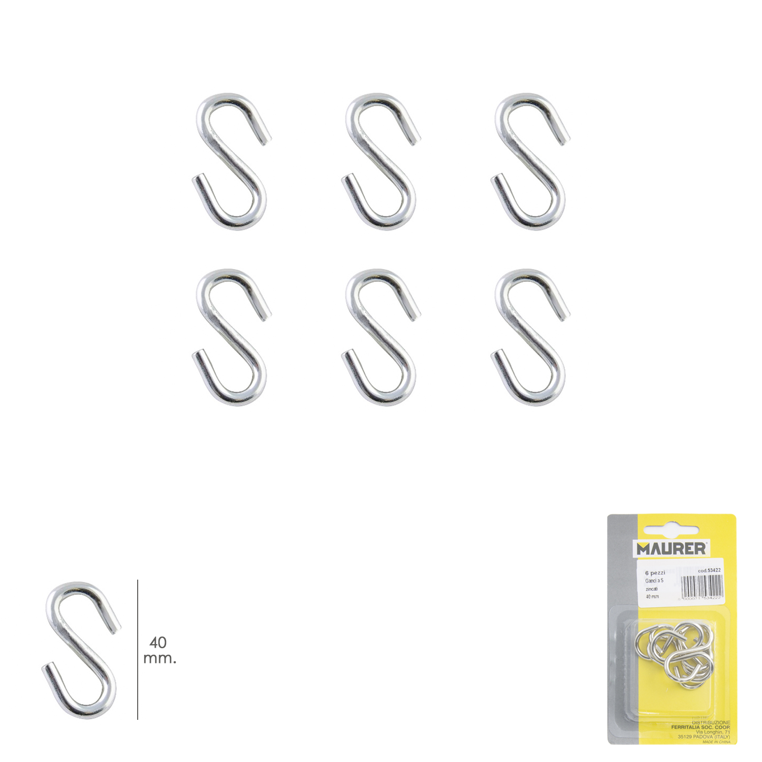 Gancho S 40 mm, Zincado (Blister 6 piezas) Uso Domestico