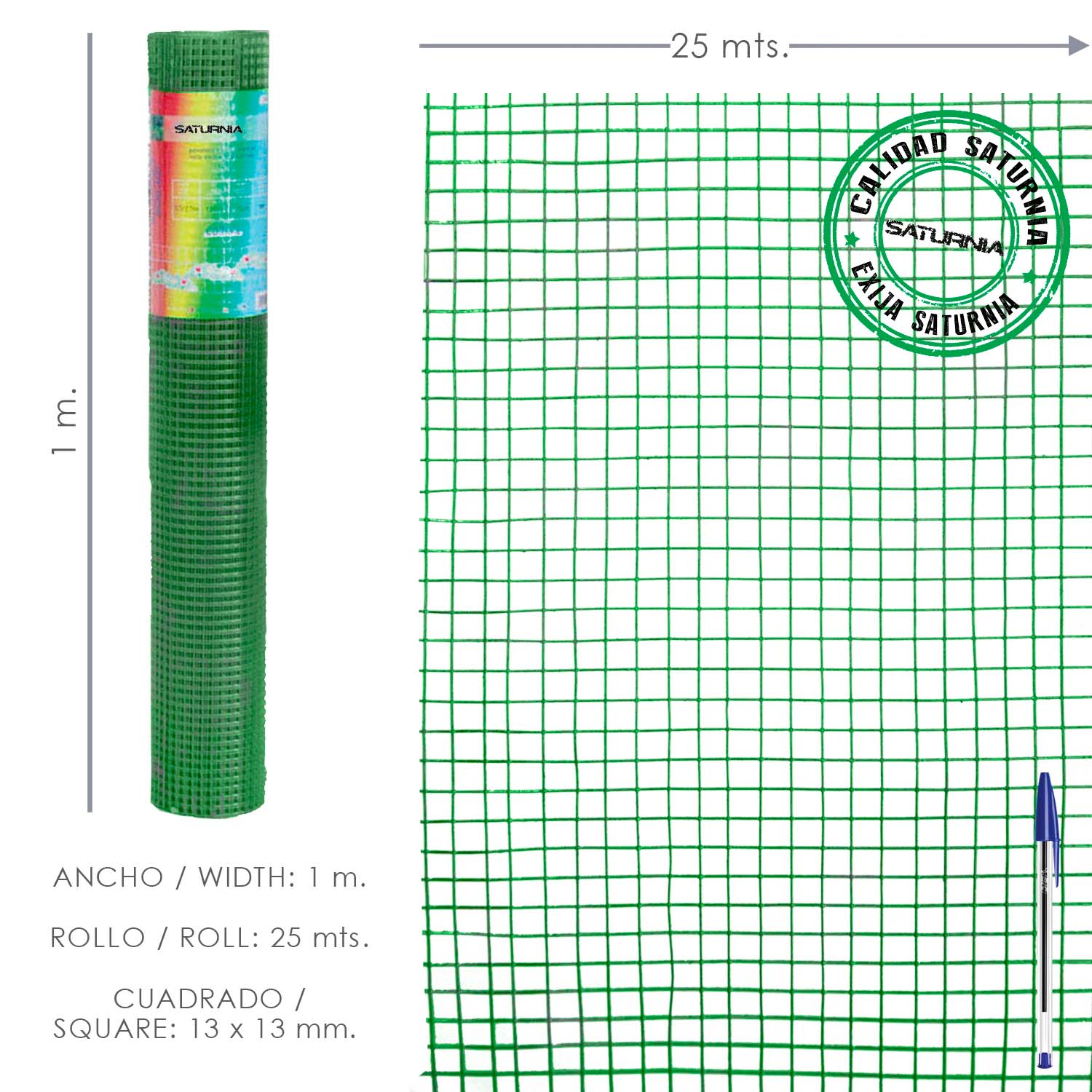 Malla Electrosoldada Plastificada Corral 13x13 / Altura 100 cm, / Rollo 25 metros