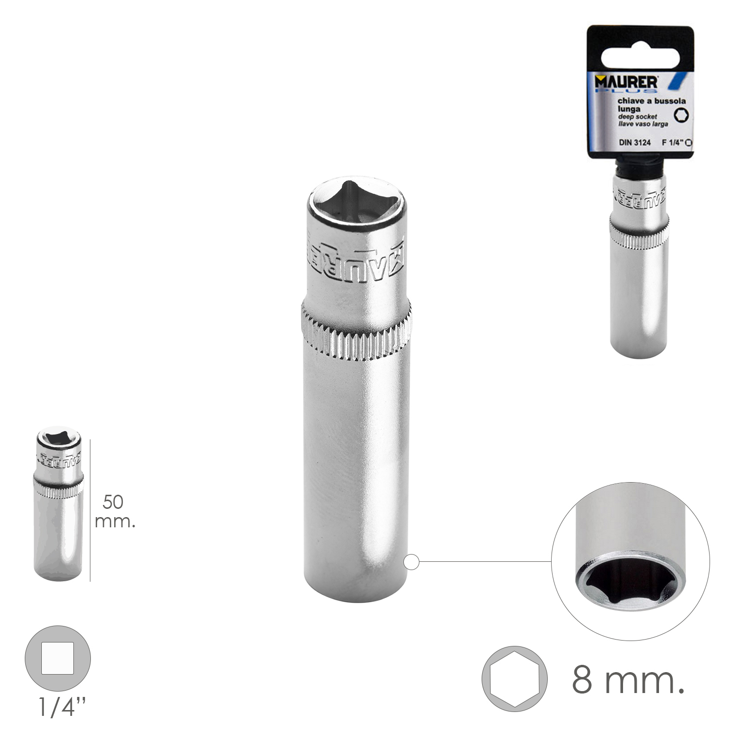 LLave Vaso Larga 1/4 / 8 mm, Hexagonal, / Longitud 50 mm, Realizada en Acero Cromo Vanadio