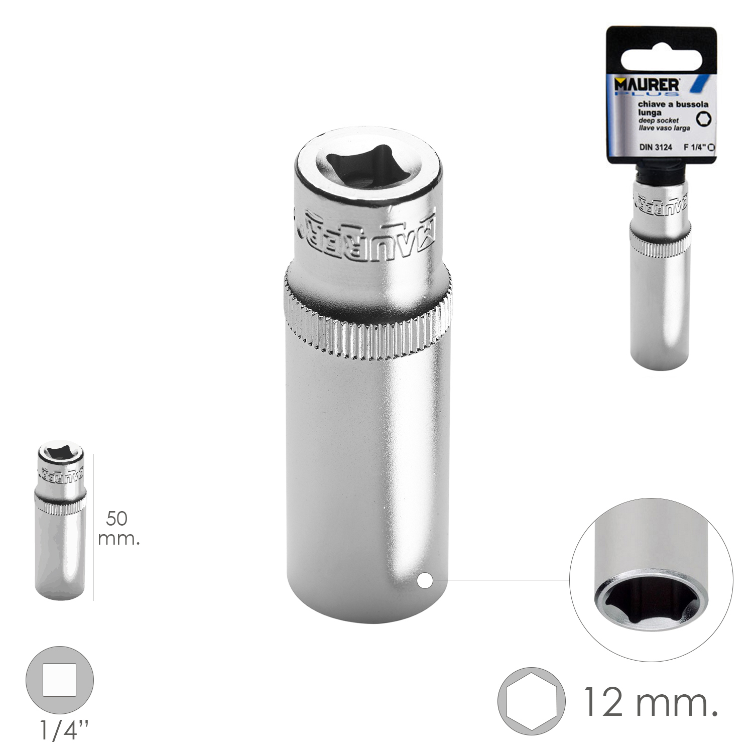 LLave Vaso Larga 1/4 / 12 mm, Hexagonal, / Longitud 50 mm, Realizada en Acero Cromo Vanadio
