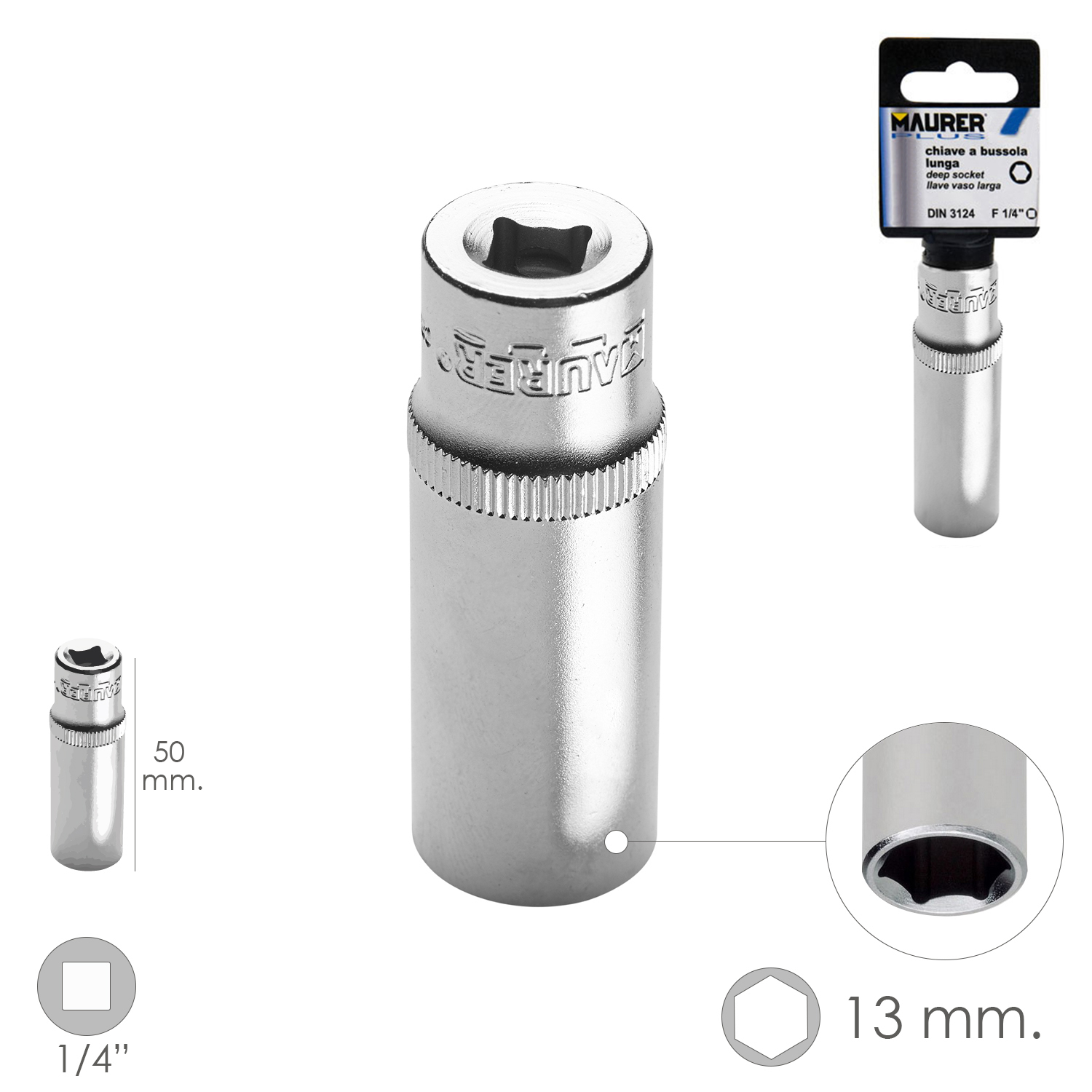 LLave Vaso Larga 1/4 / 13 mm, Hexagonal, / Longitud 50 mm, Realizada en Acero Cromo Vanadio