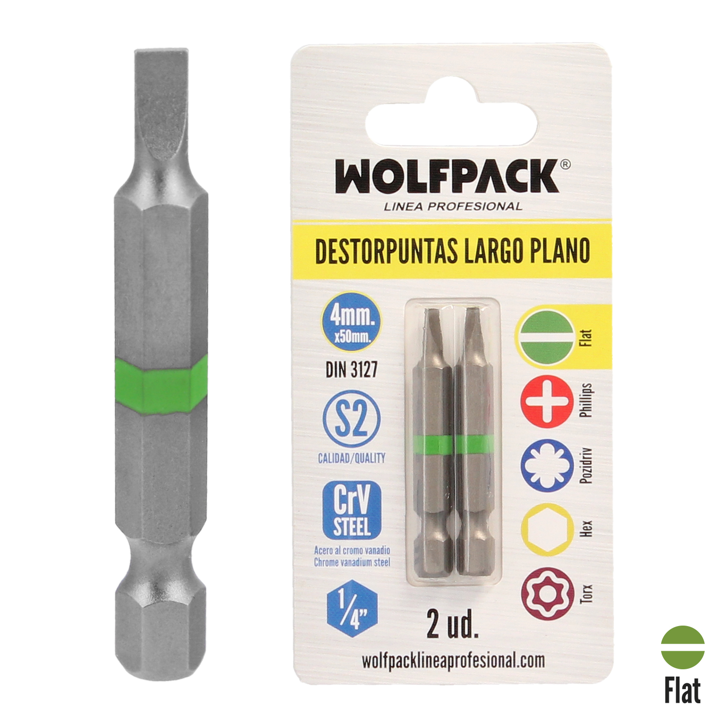 Puntas Destornillador Largo Plano 4 mm, (2 Piezas), Acero S2 al Cromo Vanadio, Puntas Hexagonales, Destorpuntas,
