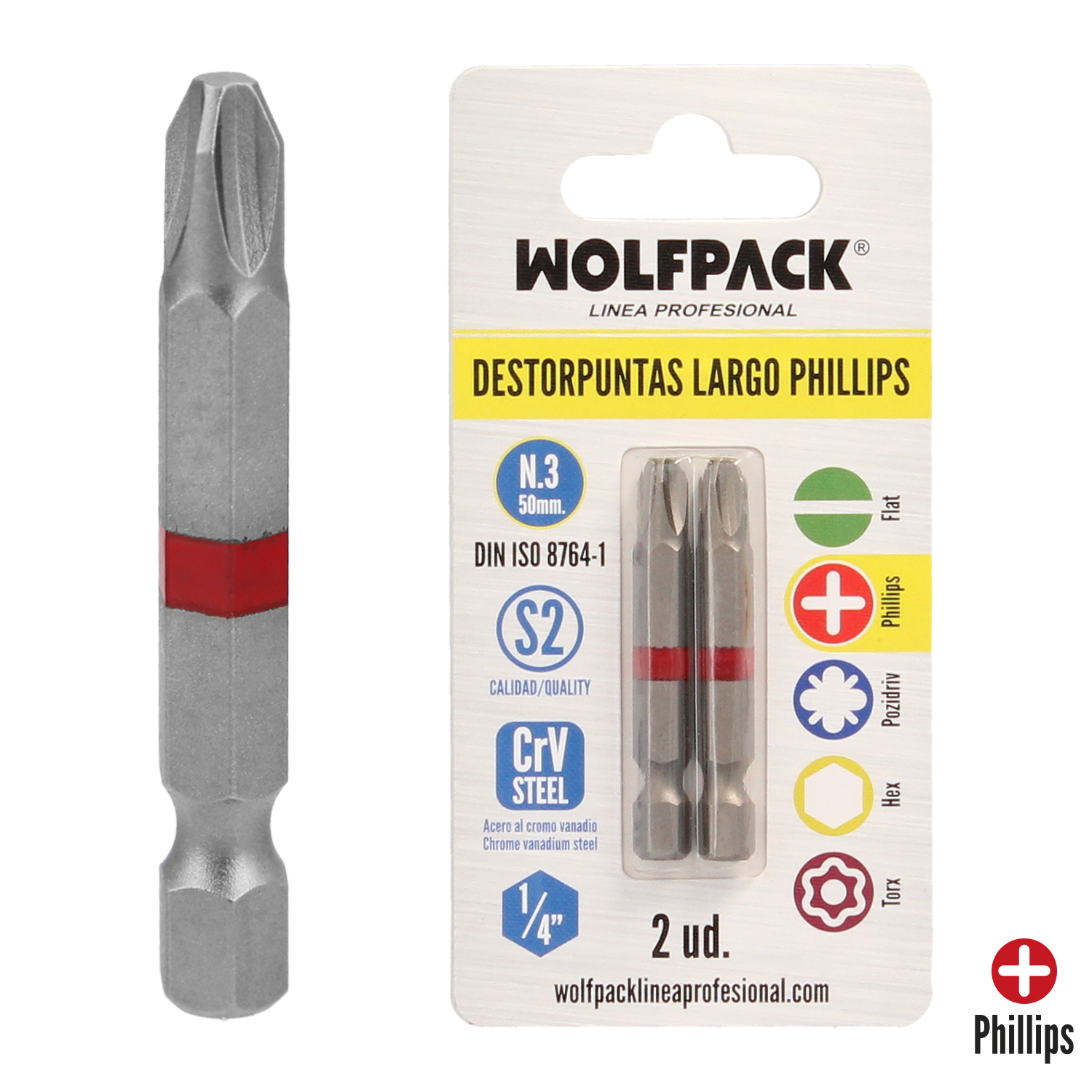 Puntas Largas Destornillador Phillips N 3 (2 Piezas), Acero S2 al Cromo Vanadio, Puntas Hexagonales, Destorpuntas,