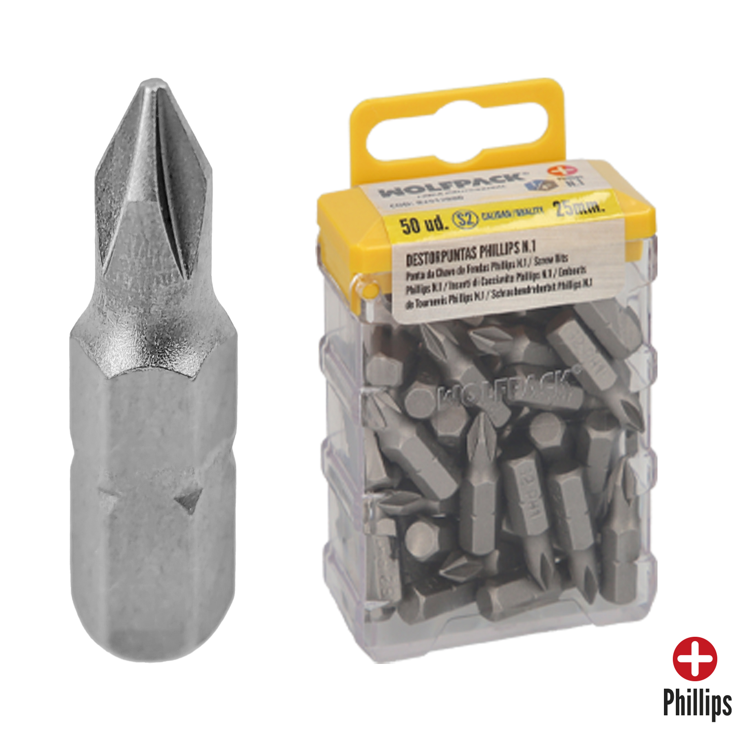 Puntas Destornillador Phillips N 1 (50 Piezas), Acero S2 al Cromo Vanadio, Puntas Hexagonales, Destorpuntas,