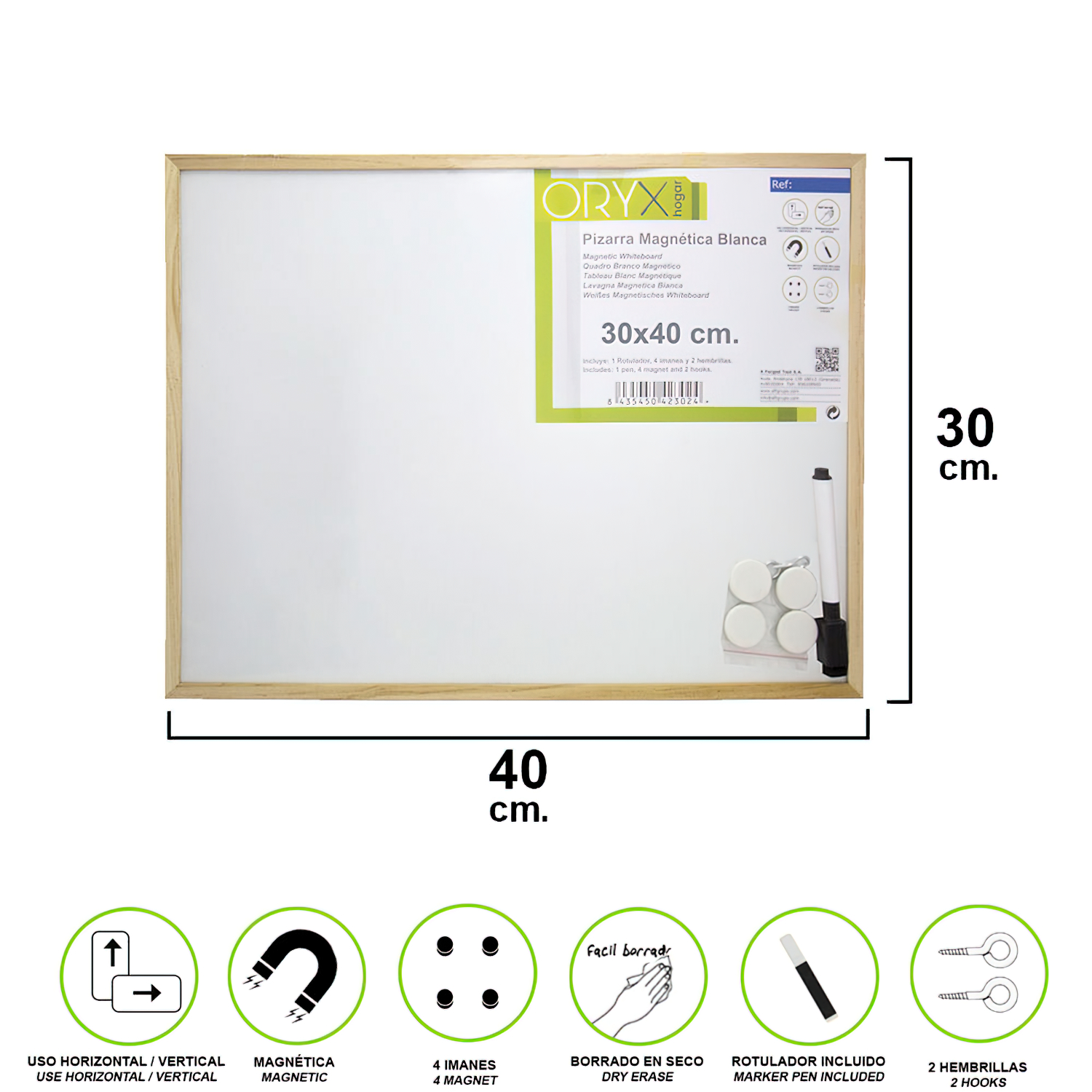 Pizarra Magnetica Blanca 30x40 cm, Con Rotulador y 4 Imnes