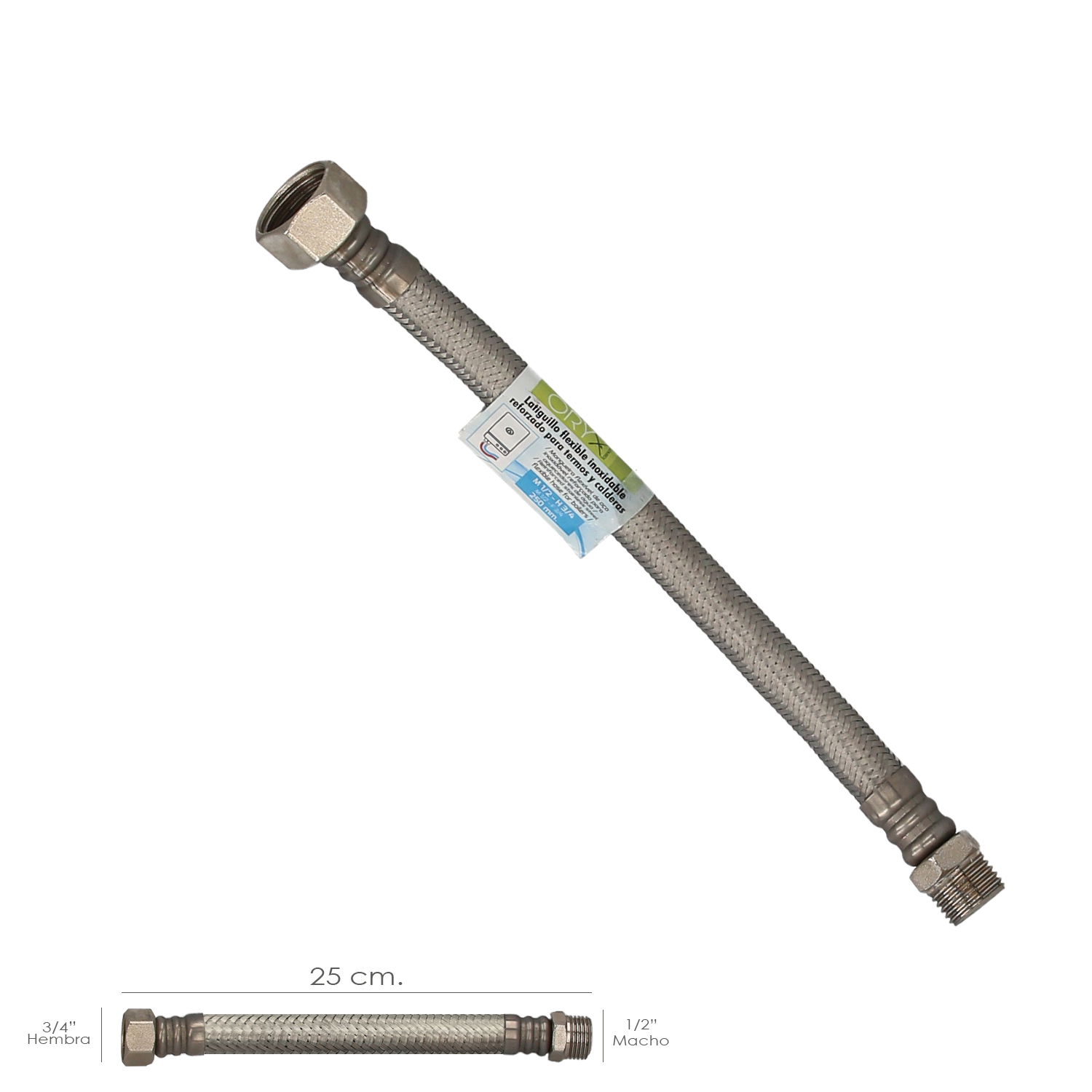 Latiguillo Flexible Reforzado Acero Inoxidable Termo Macho 1/2 - Hembra 3/4 Longitud 250 mm