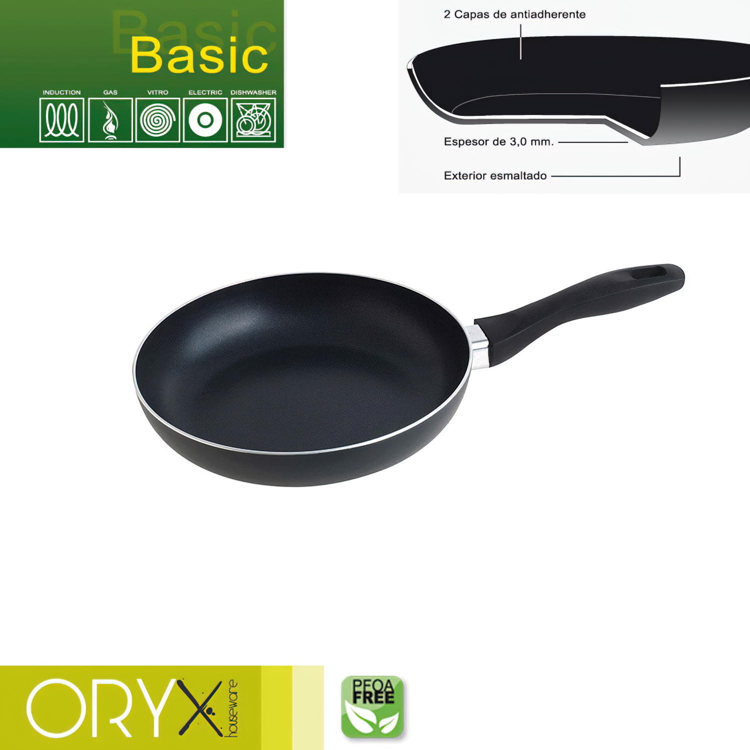 Oryx Sartn Aluminio Antiadherente Basic, Alta Resistencia, Apta Induccin, Libre PFOA, Dimetro 22 cm, Espesor 3 mm,