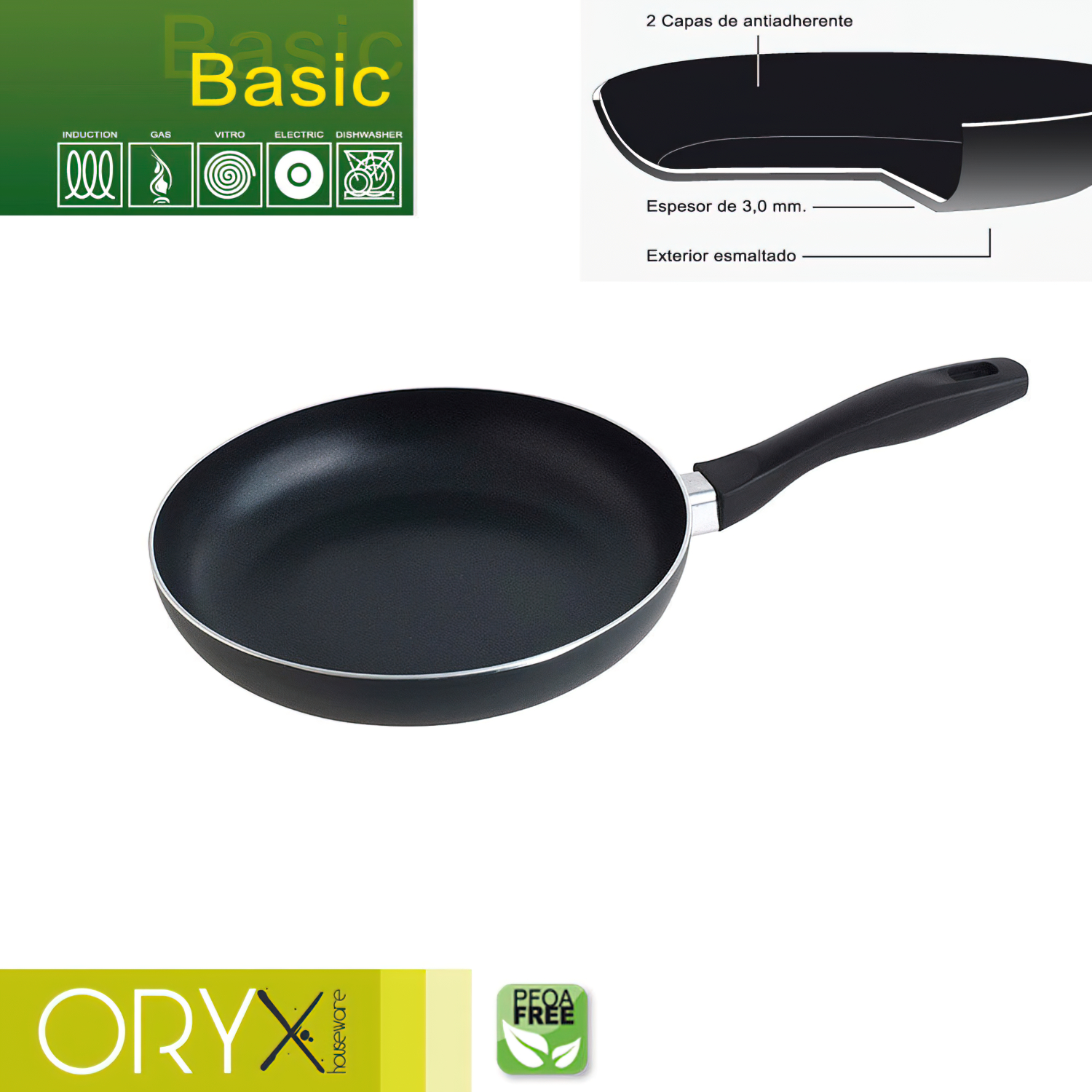 Oryx Sartn Aluminio Antiadherente Basic, Alta Resistencia, Apta Induccin, Libre PFOA, Dimetro 24 cm, Espesor 3 mm,