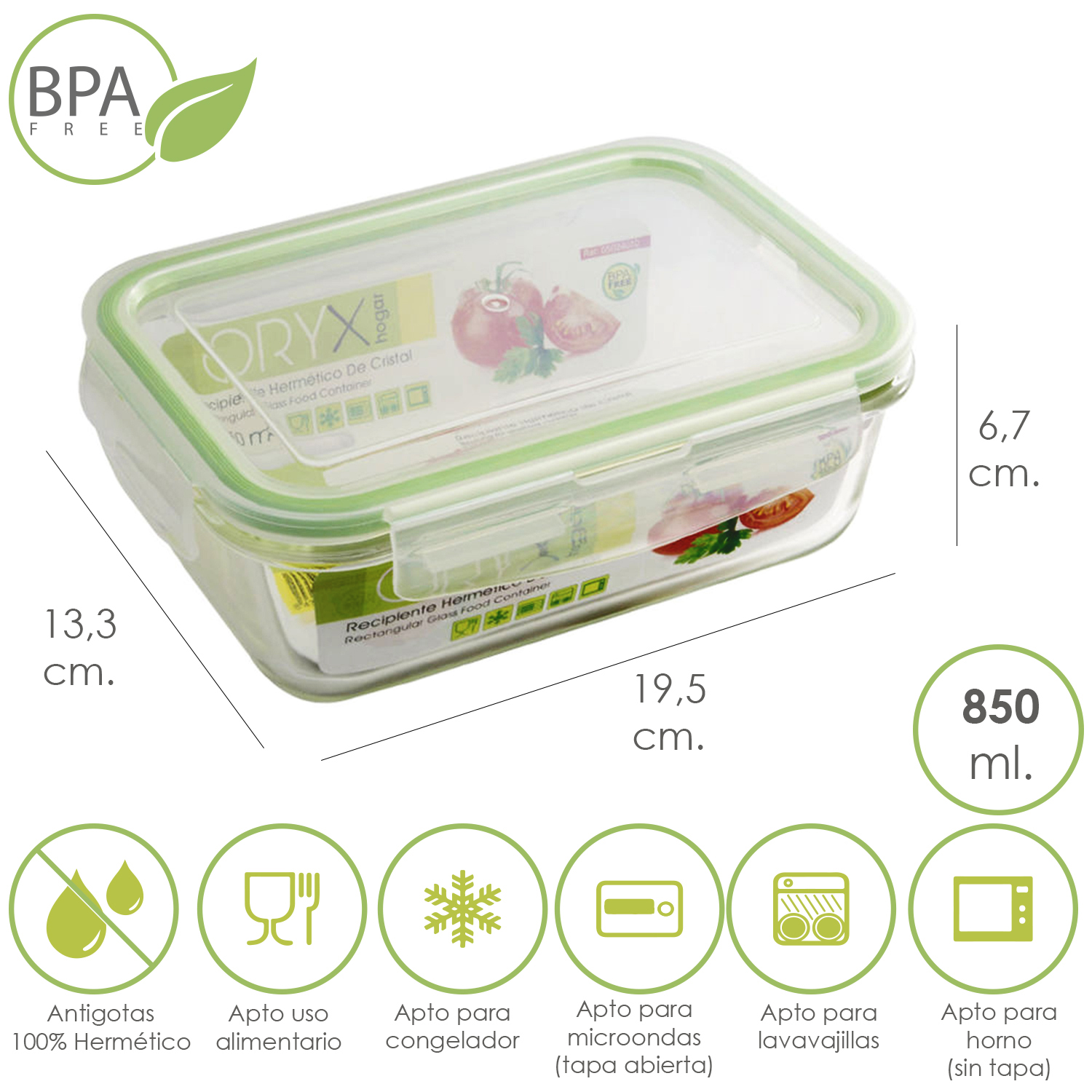 Recipiente Hermetico Cristal Rectangular 850 ml, 19,5 x 13,3 x 6,7 (alt) cm,