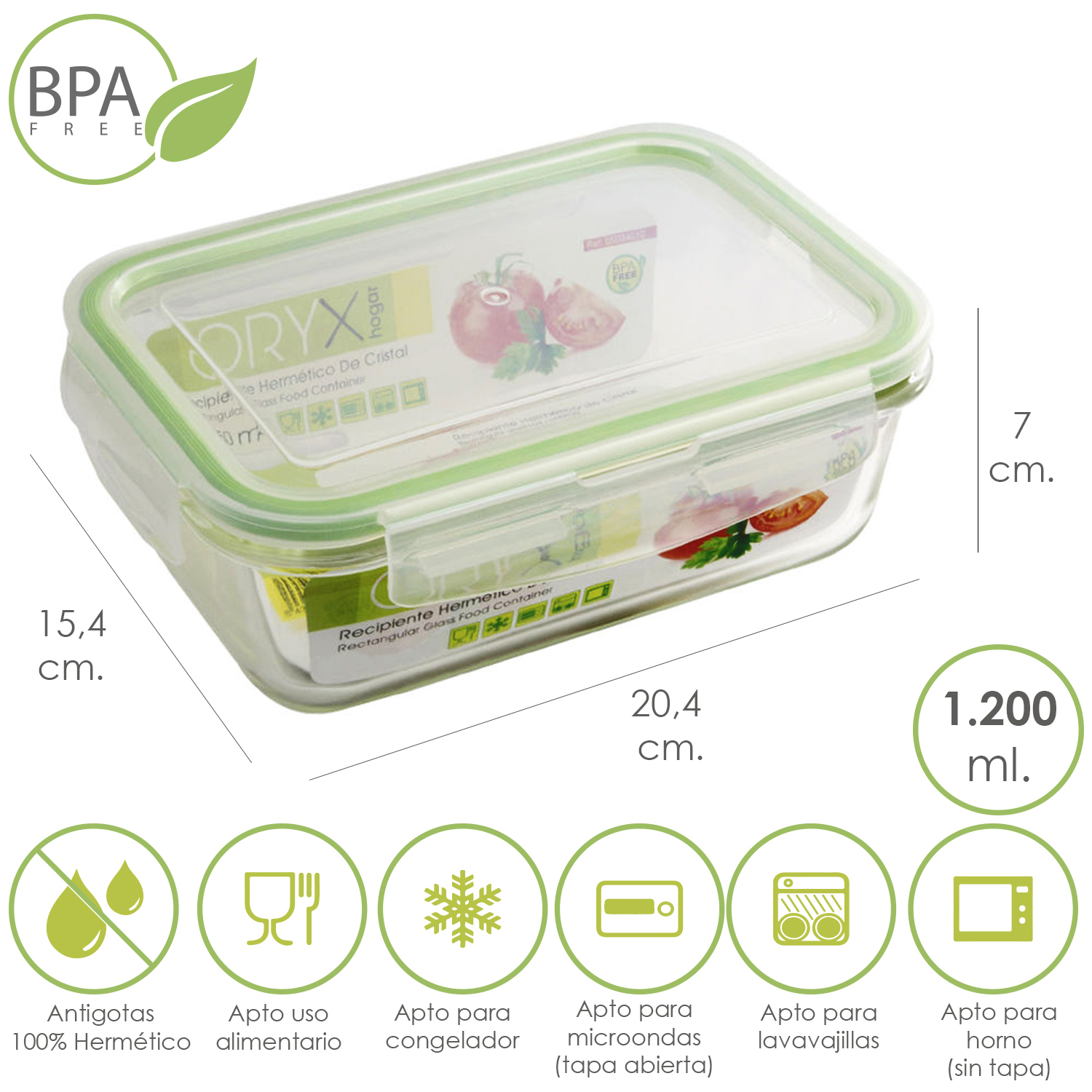 Recipiente Hermetico Cristal Rectangular 1200 ml, 20,4 x 15,4 x 7 (alt) cm,