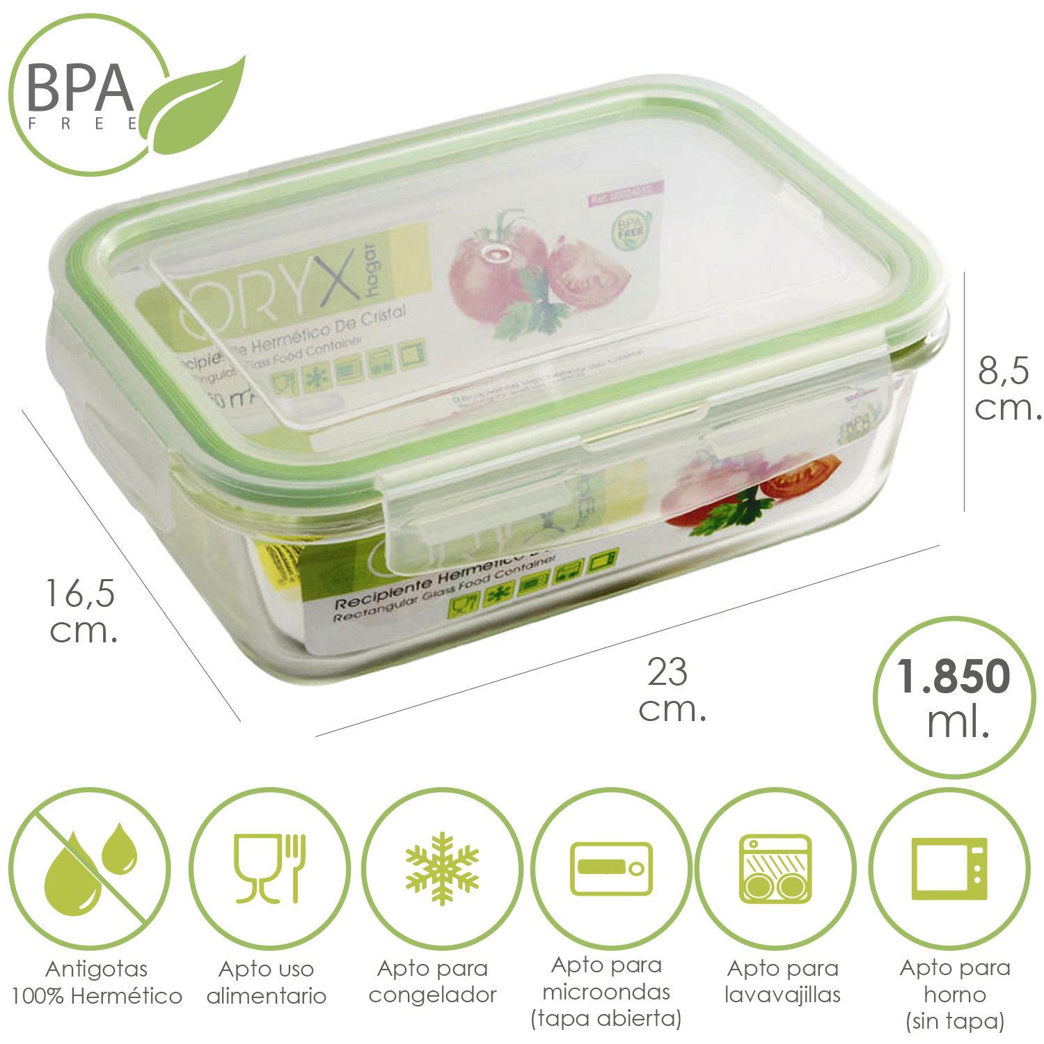 Recipiente Hermetico Cristal Rectangular 1850 ml, 23 x 16,5 x 8,5 (alt) cm,