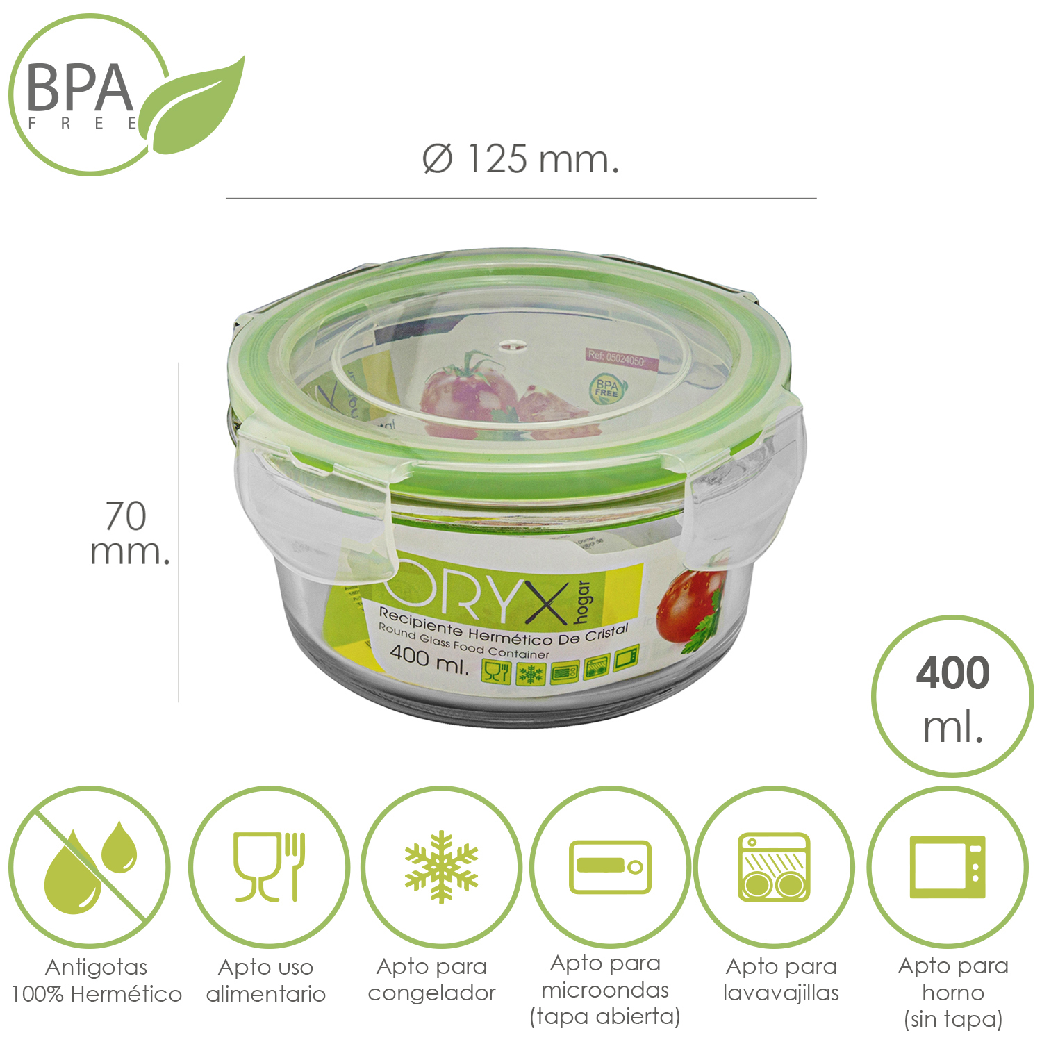 Recipiente Hermetico Cristal Redondo 400 ml,  125 x 7 (alt) cm,