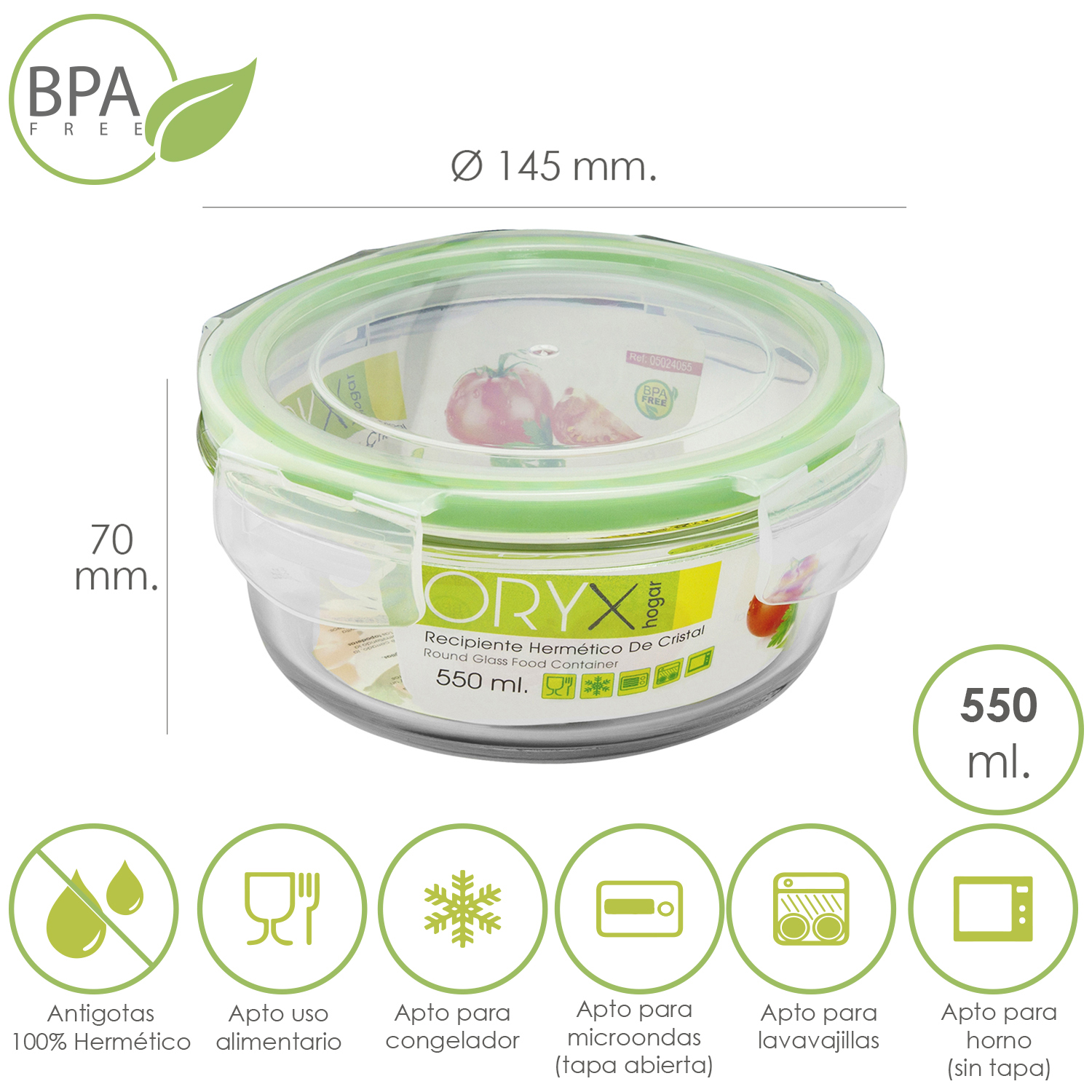 Recipiente Hermetico Cristal Redondo 550 ml,  145 x 7 (alt) cm,