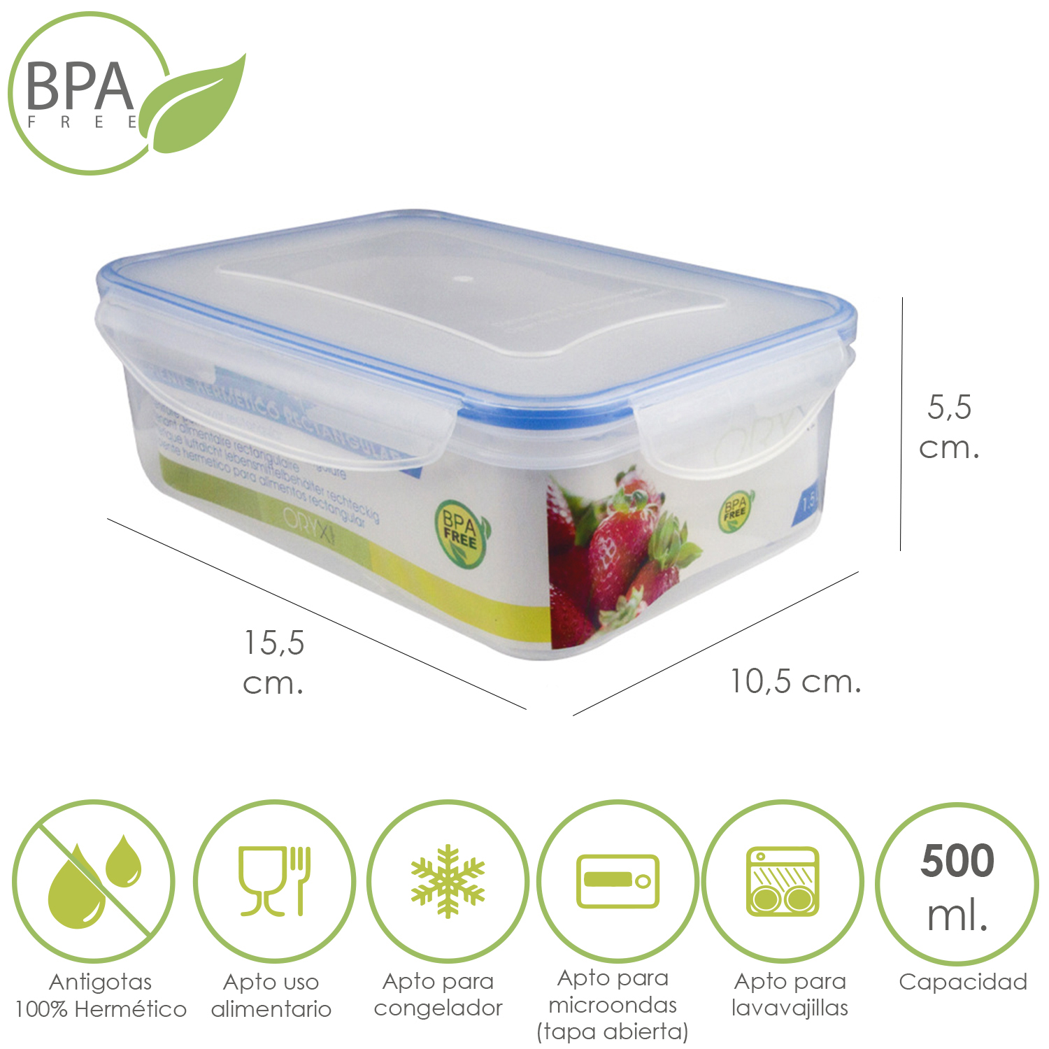 Recipiente Hermetico Plastico Rectangular 500 ml, 15,5x10,5x5,5 (Alt,) cm,