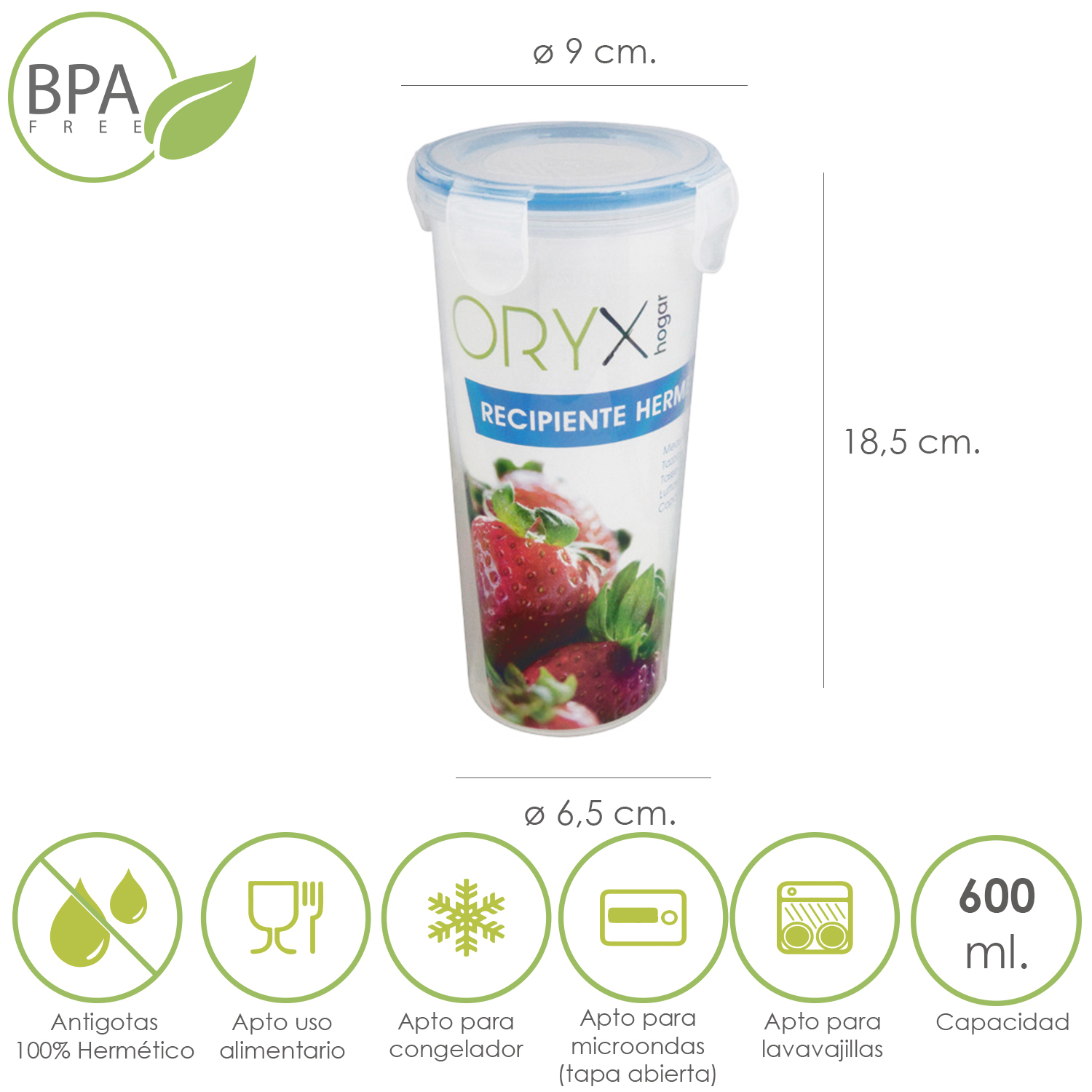 Vaso Recipiente Hermetico Medidor Plastico Redondo 600 ml,  9x18,5 (Alt,) cm,