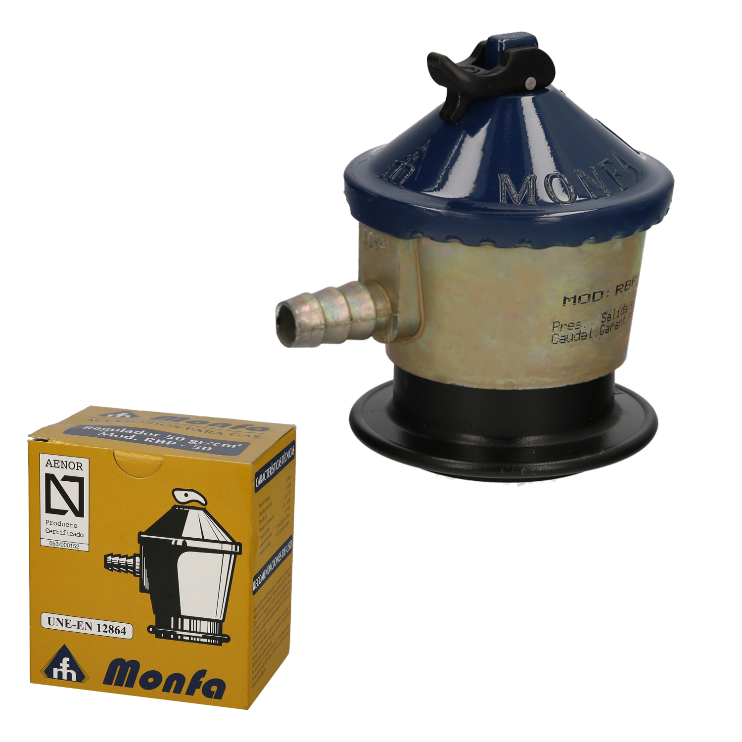 Regulador Gas Butano Monfa (50 Grms,/cm2) Alcachofa Gas, Regulador Gas Butano, Presin 50 mbar, Caudal 2,5 Kg/hora