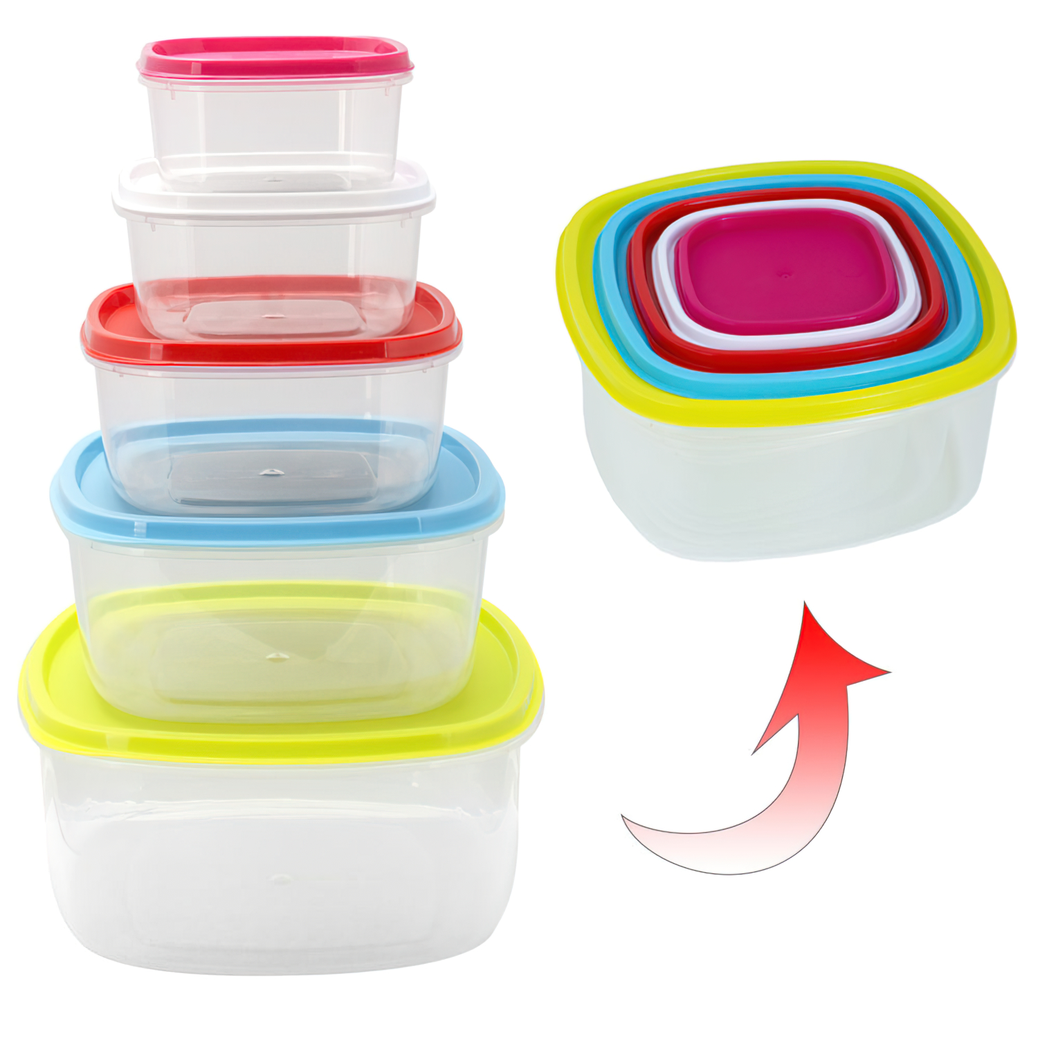 Fiambreras Plstico Cuadradas 220 / 350 / 600 / 1200 / 2000 ml, (Set 5 piezas)