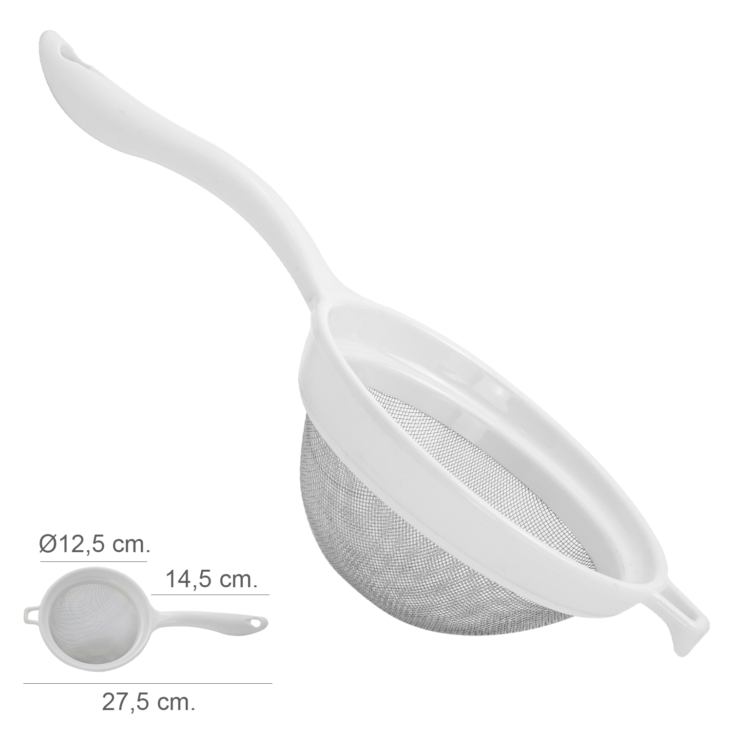 Colador Acero Inoxidable  12,5 cm, Con Mango Plastico