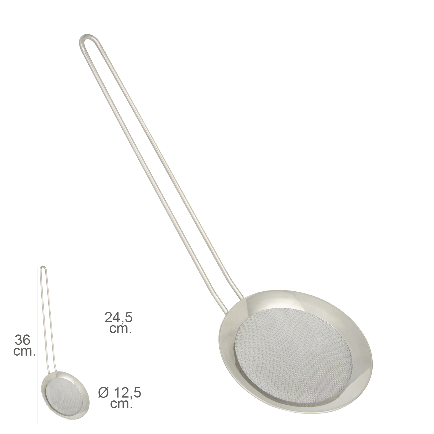 Espumadera Malla Acero inoxidable  12,5 cm, Con Mango 24,5 cm,