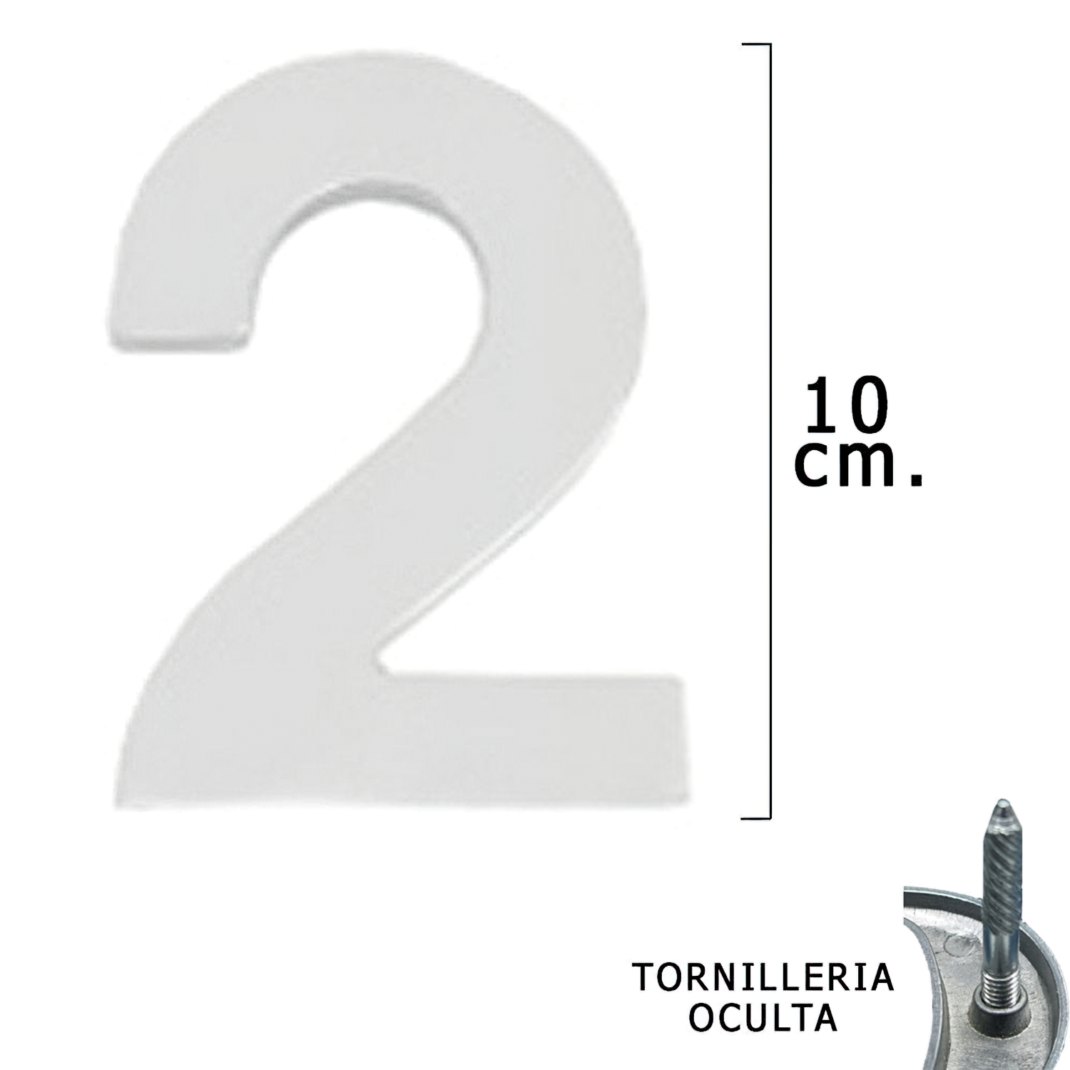 Numero Metal 2 Plateado Mate 10 cm, con Tornilleria Oculta (Blister 1 Pieza)