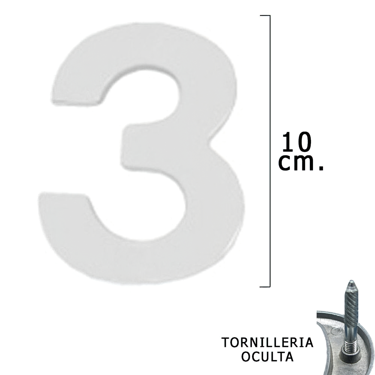 Numero Metal 3 Plateado Mate 10 cm, con Tornilleria Oculta (Blister 1 Pieza)