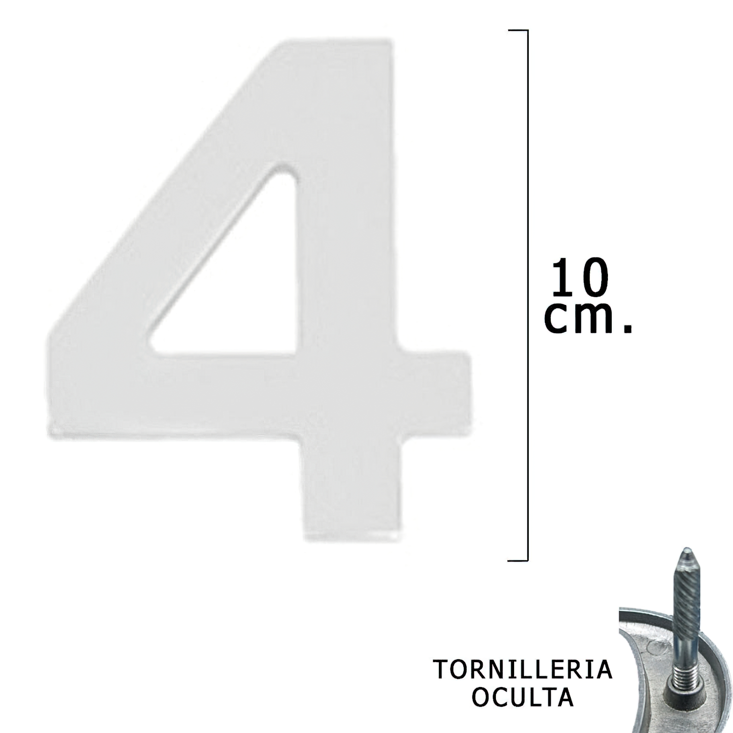 Numero Metal 4 Plateado Mate 10 cm, con Tornilleria Oculta (Blister 1 Pieza)