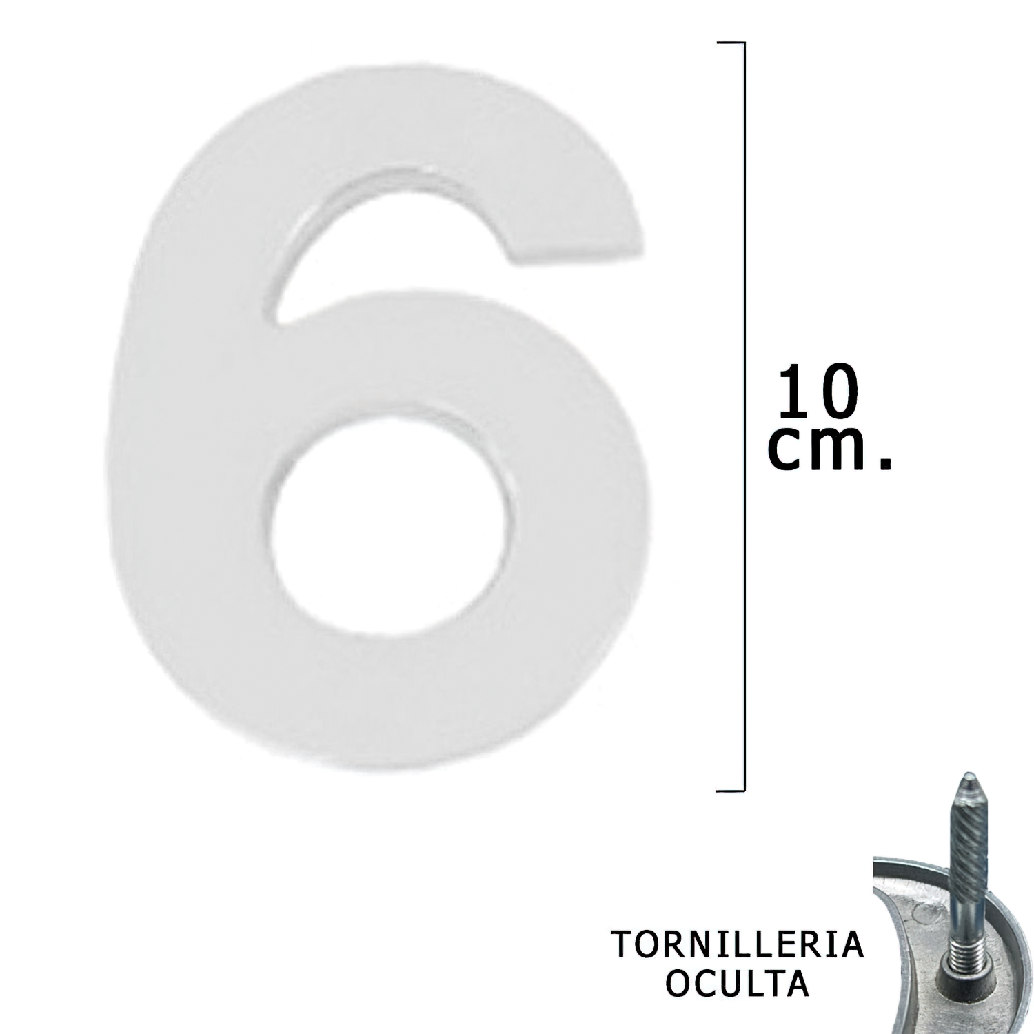 Numero Metal 6 Plateado Mate 10 cm, con Tornilleria Oculta (Blister 1 Pieza)