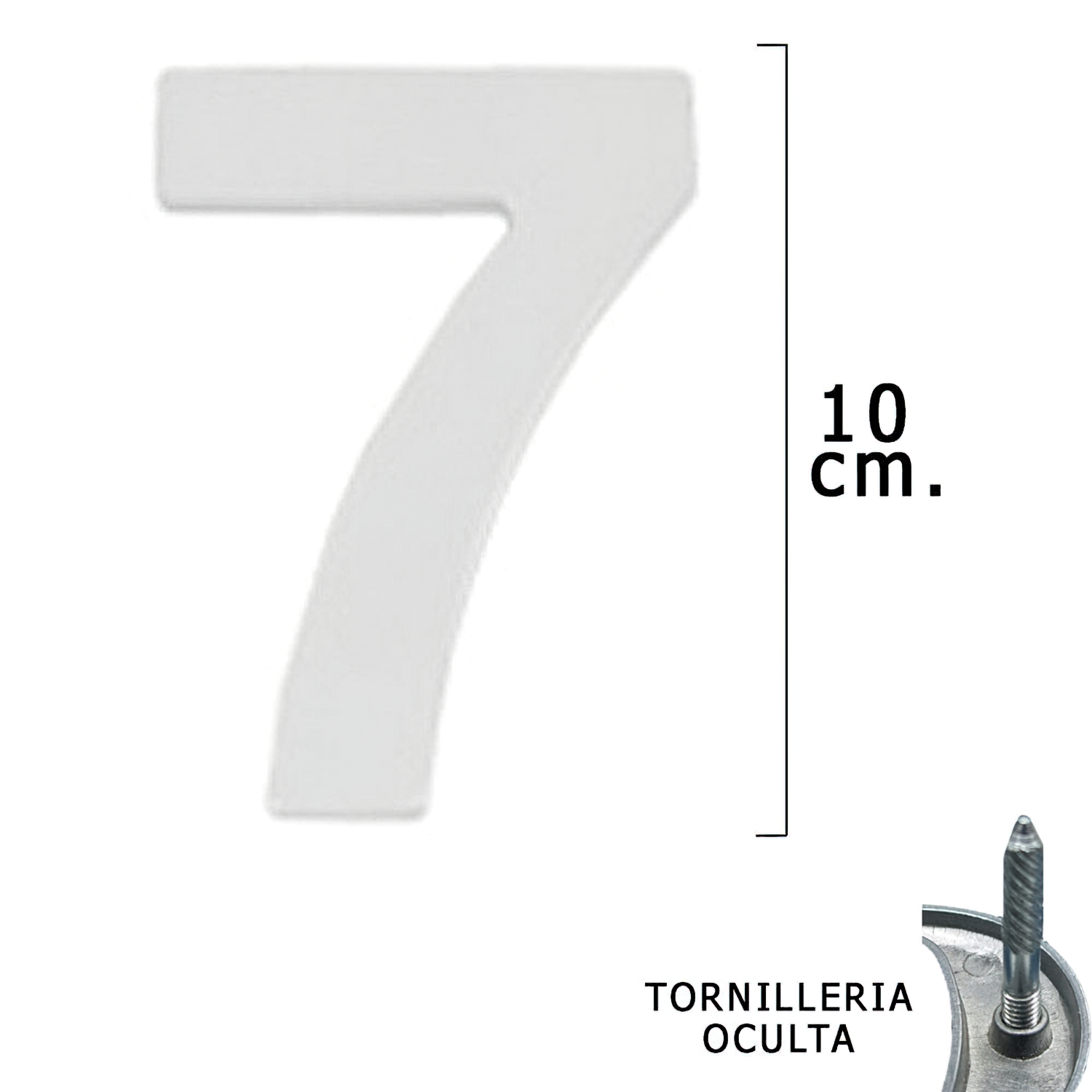 Numero Metal 7 Plateado Mate 10 cm, con Tornilleria Oculta (Blister 1 Pieza)