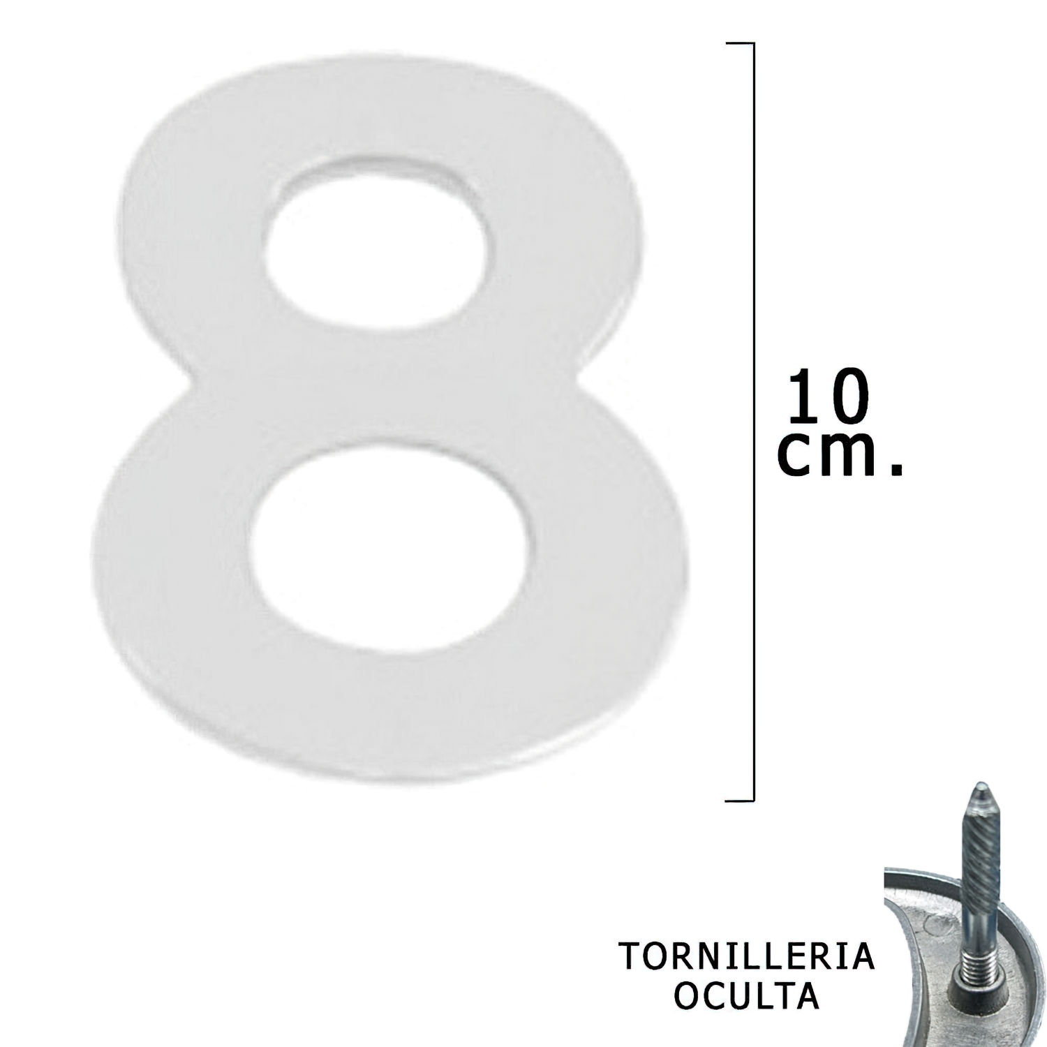 Numero Metal 8 Plateado Mate 10 cm, con Tornilleria Oculta (Blister 1 Pieza)