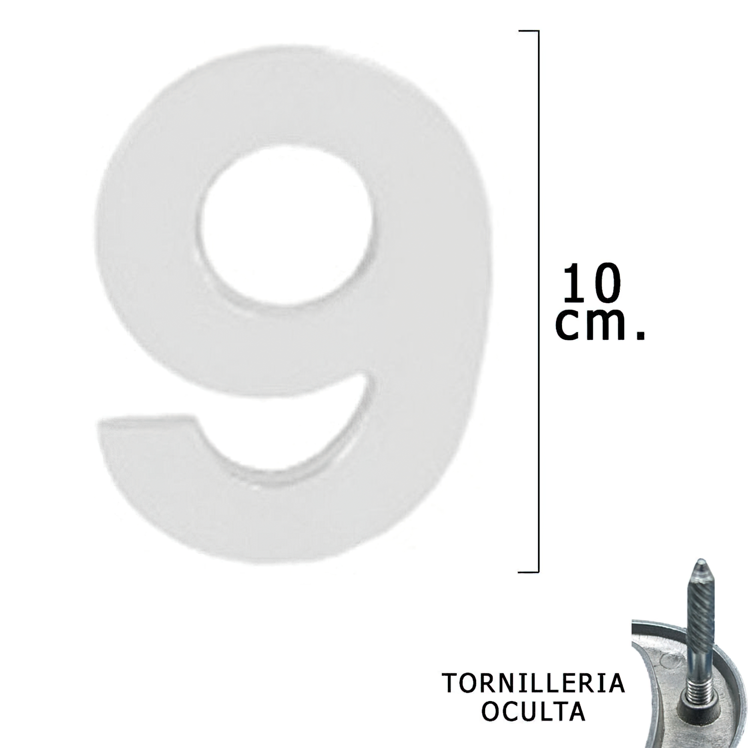Numero Metal 9 Plateado Mate 10 cm, con Tornilleria Oculta (Blister 1 Pieza)