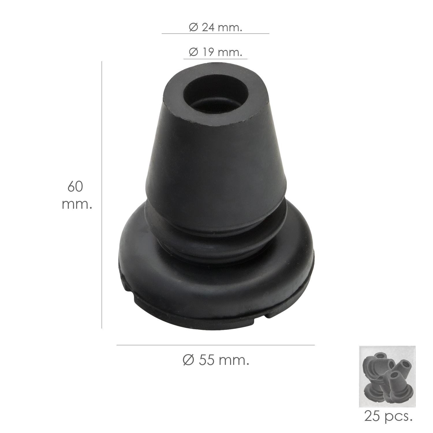 Taco Goma Baston Negro Tubo  19 mm, / Base  55 mm, Tipo Fuelle Bolsa 25 Unidades