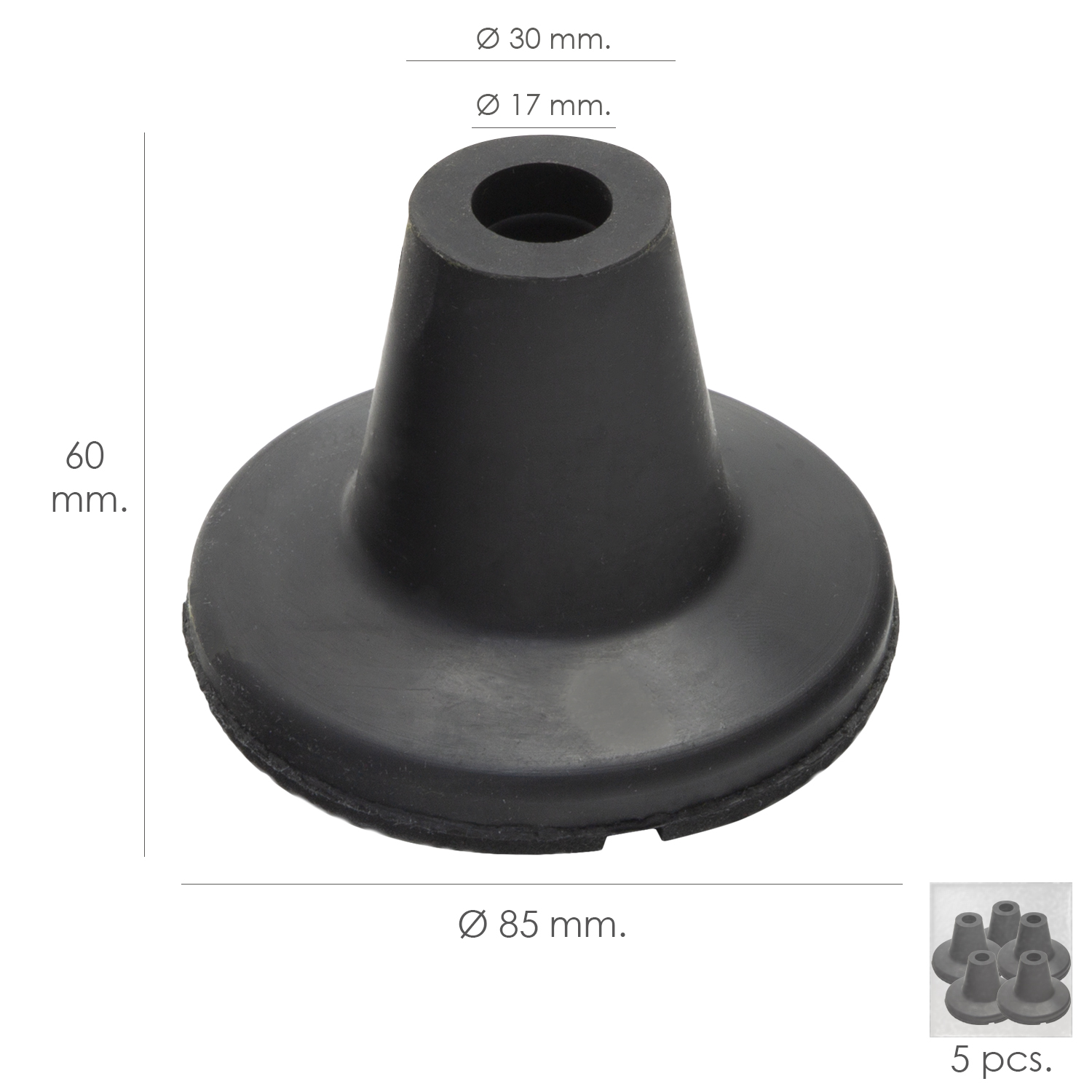 Taco Goma Baston Negro Tubo  19 mm, / Base  85 mm, Tipo Ventosa Bolsa 5 Unidades