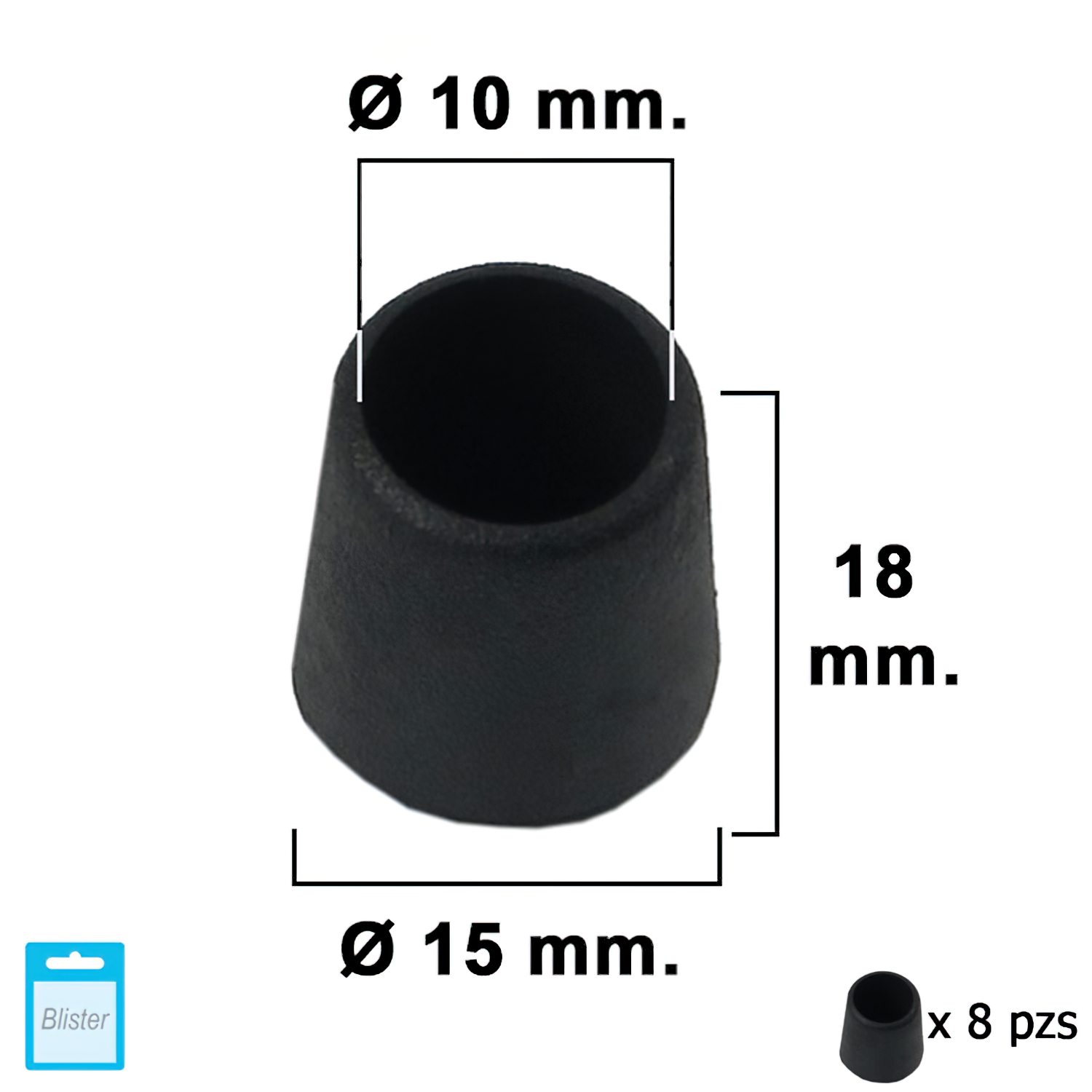 Contera Cnica Negra 10mm, Blister 8 piezas,