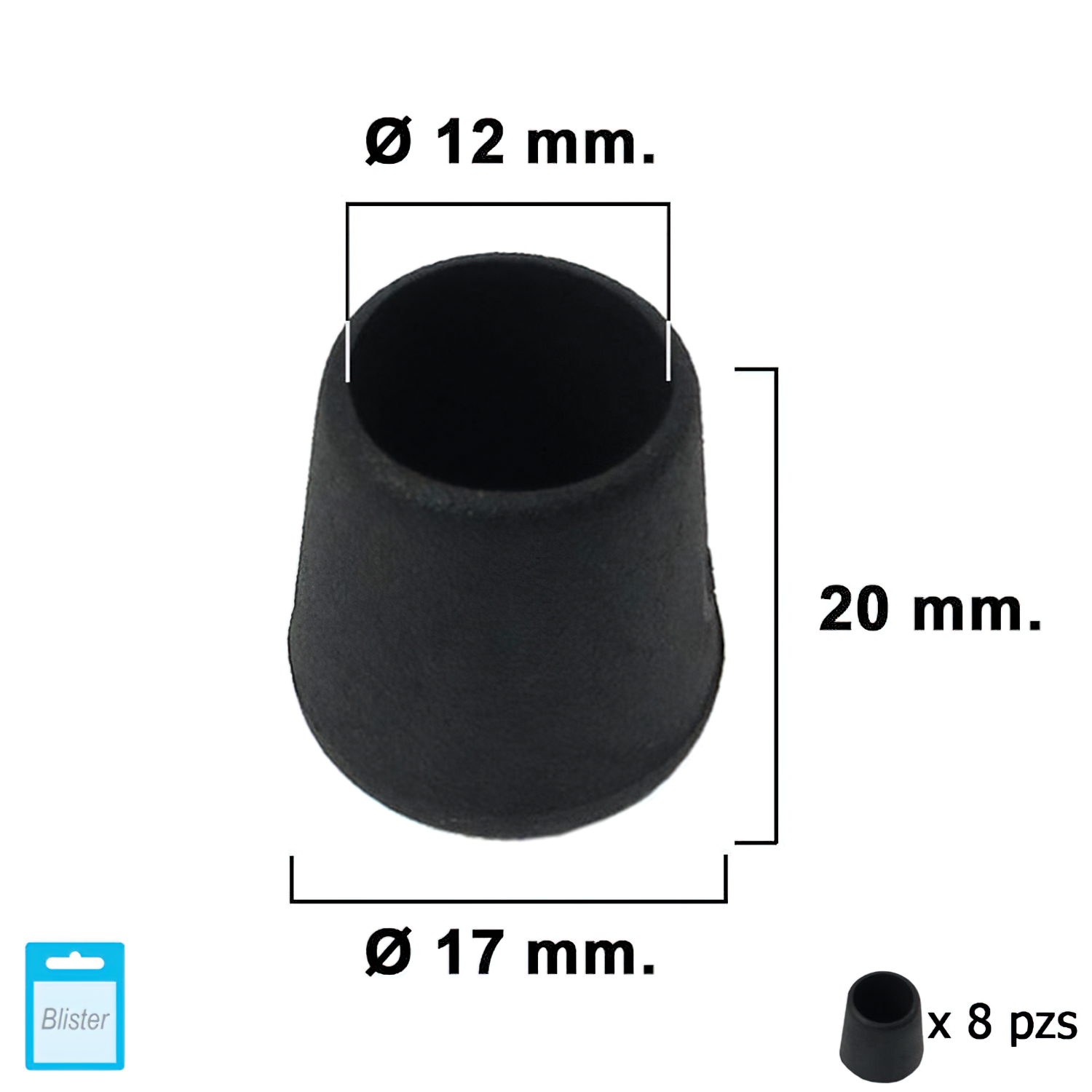 Contera Cnica Negra 12mm, Blister 8 piezas,
