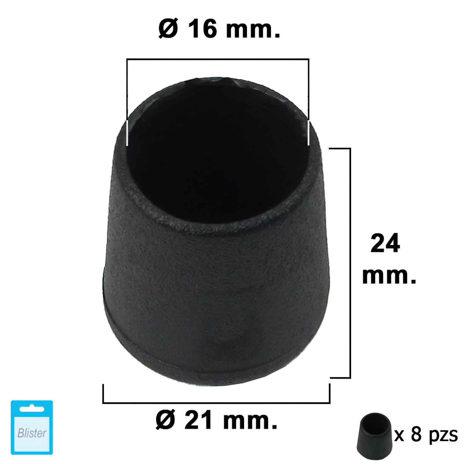 Contera Cnica Negra 16mm, Blister 8 piezas,