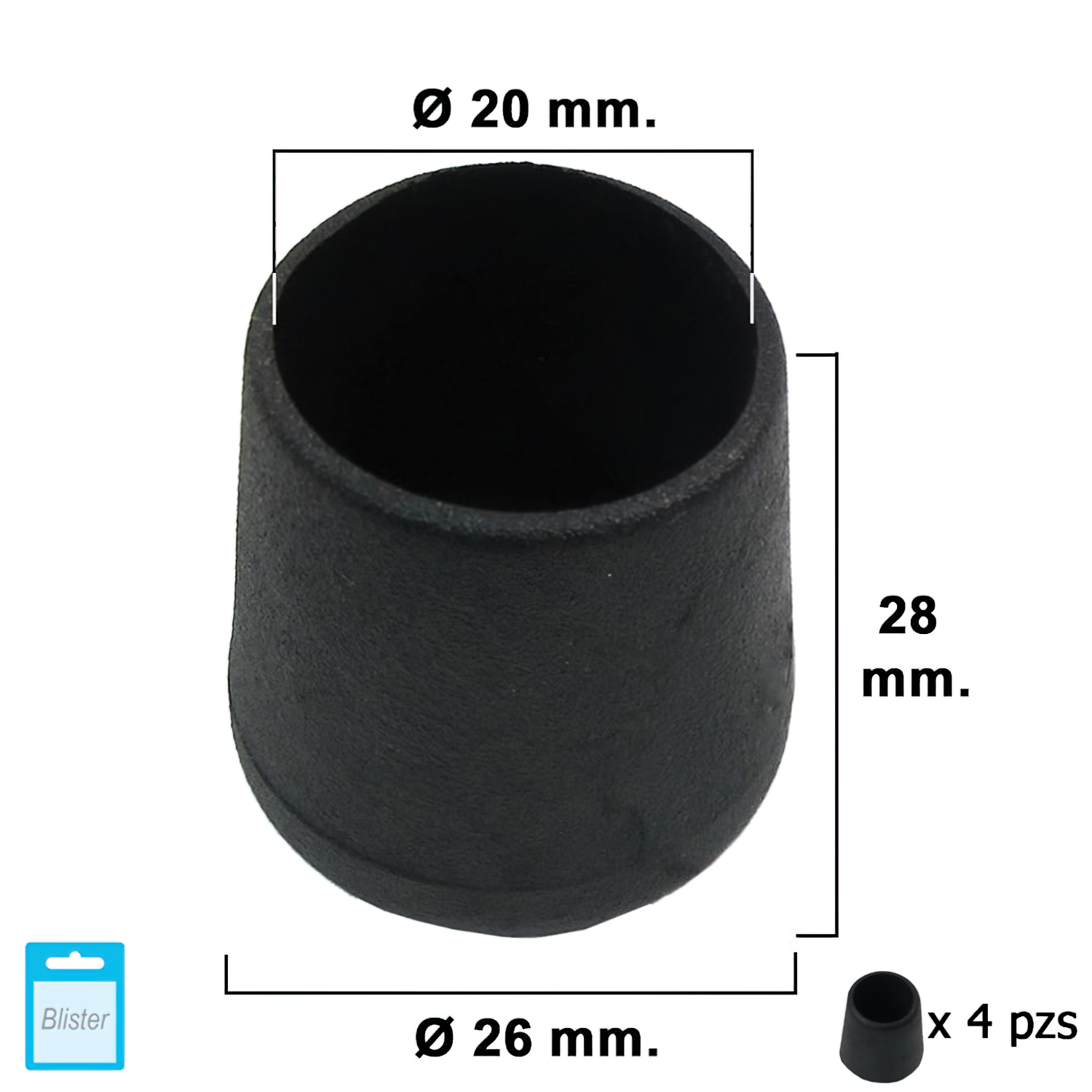 Contera Cnica Negra 20mm, Blister 4 piezas,