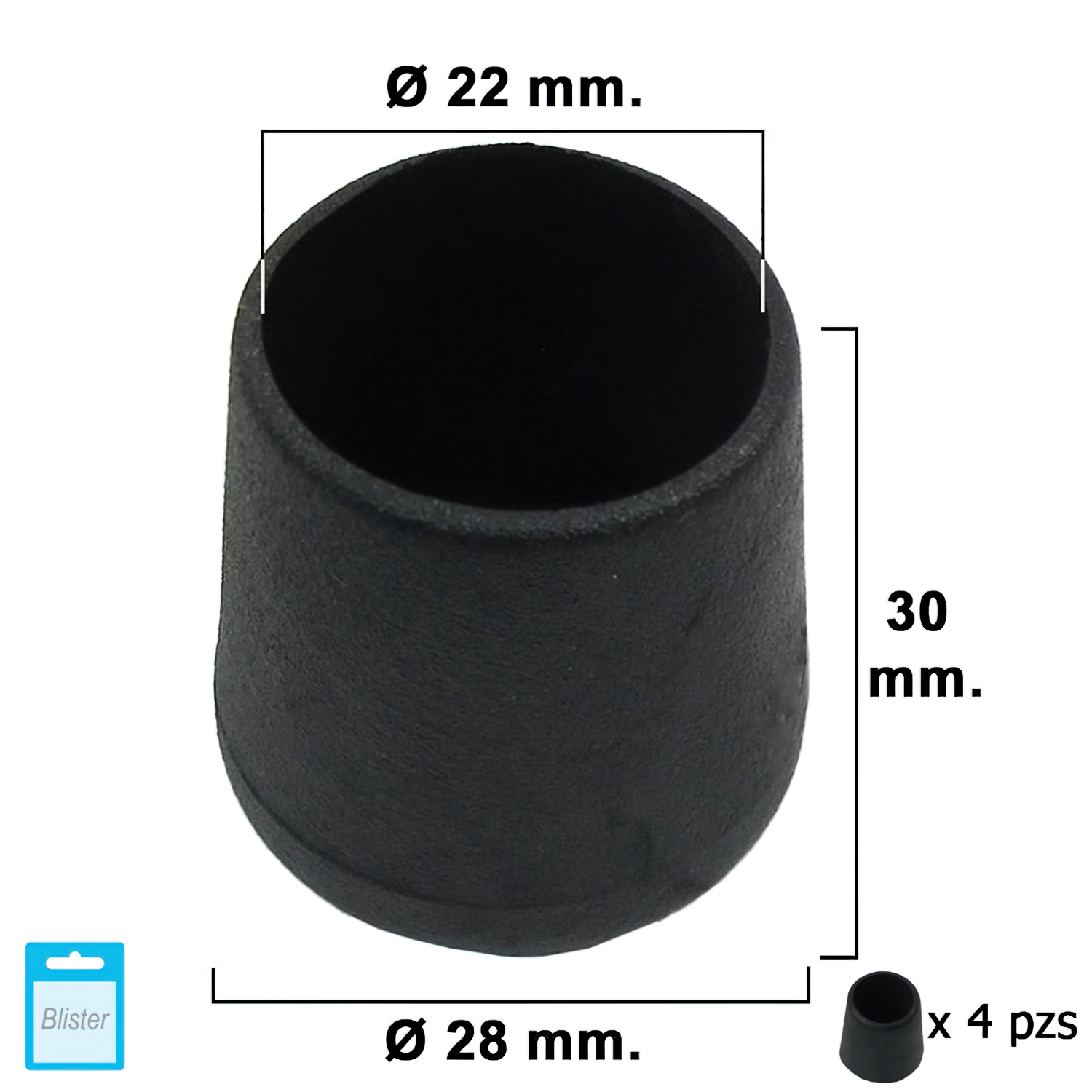 Contera Cnica Negra 22mm, Blister 4 piezas,
