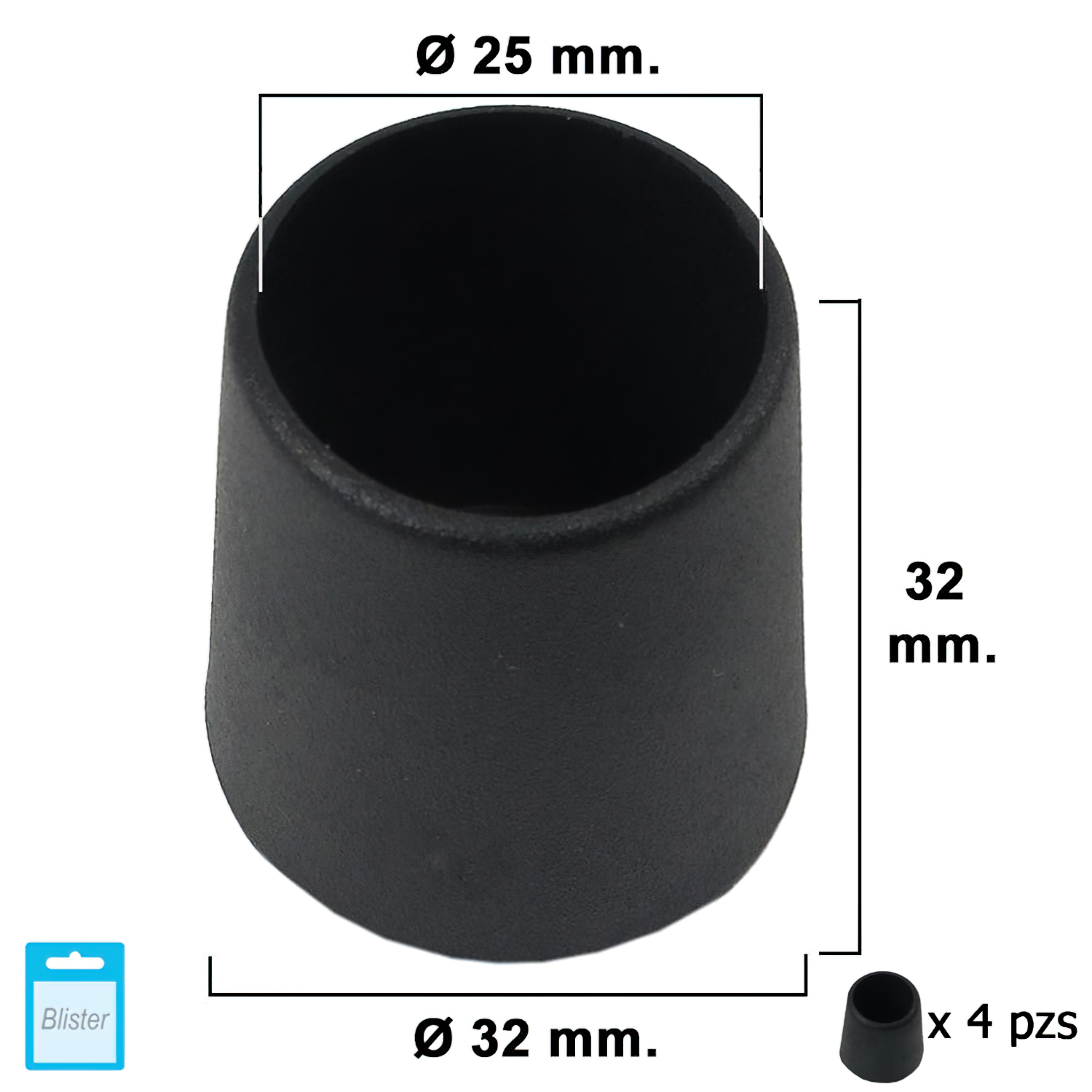 Contera Cnica Negra 25mm, Blister 4 piezas,