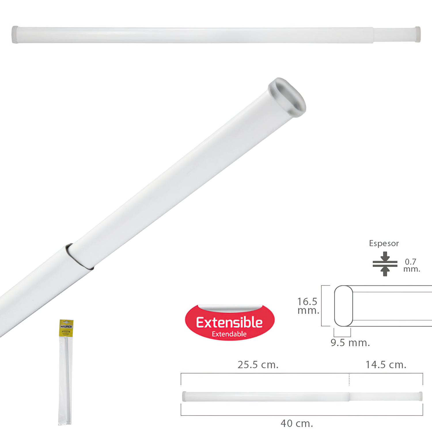 BARRA VISILLO EXTENSIBLE 25.5/40 CM. CON MUELLE PRESION AJUSTABLE (1 PIEZA)