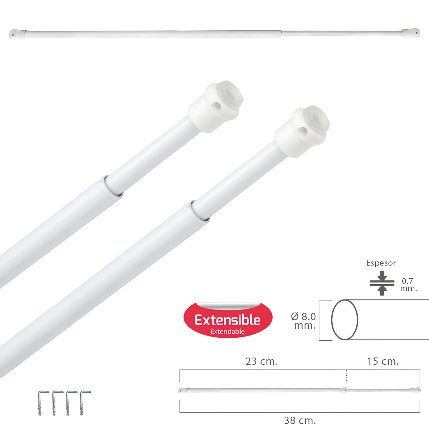 BARRA VISILLO EXTENSIBLE 23/38 CM. CON MUELLE PRESION, SOPORTES Y VENTOSAS (2 PIEZAS)