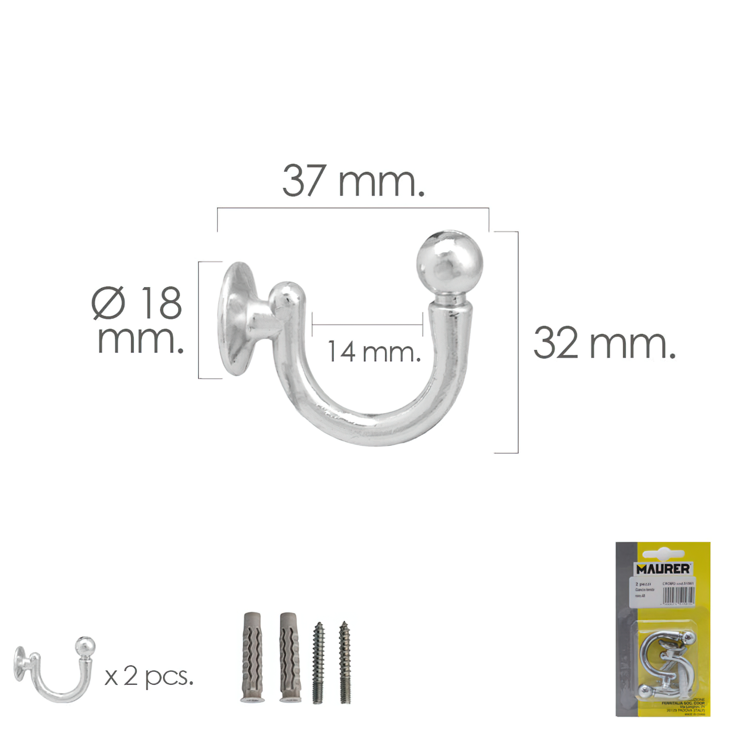Gancho Cromado Atornillabe 37 mm, Con tacos y tornillos (Blister 2 piezas)
