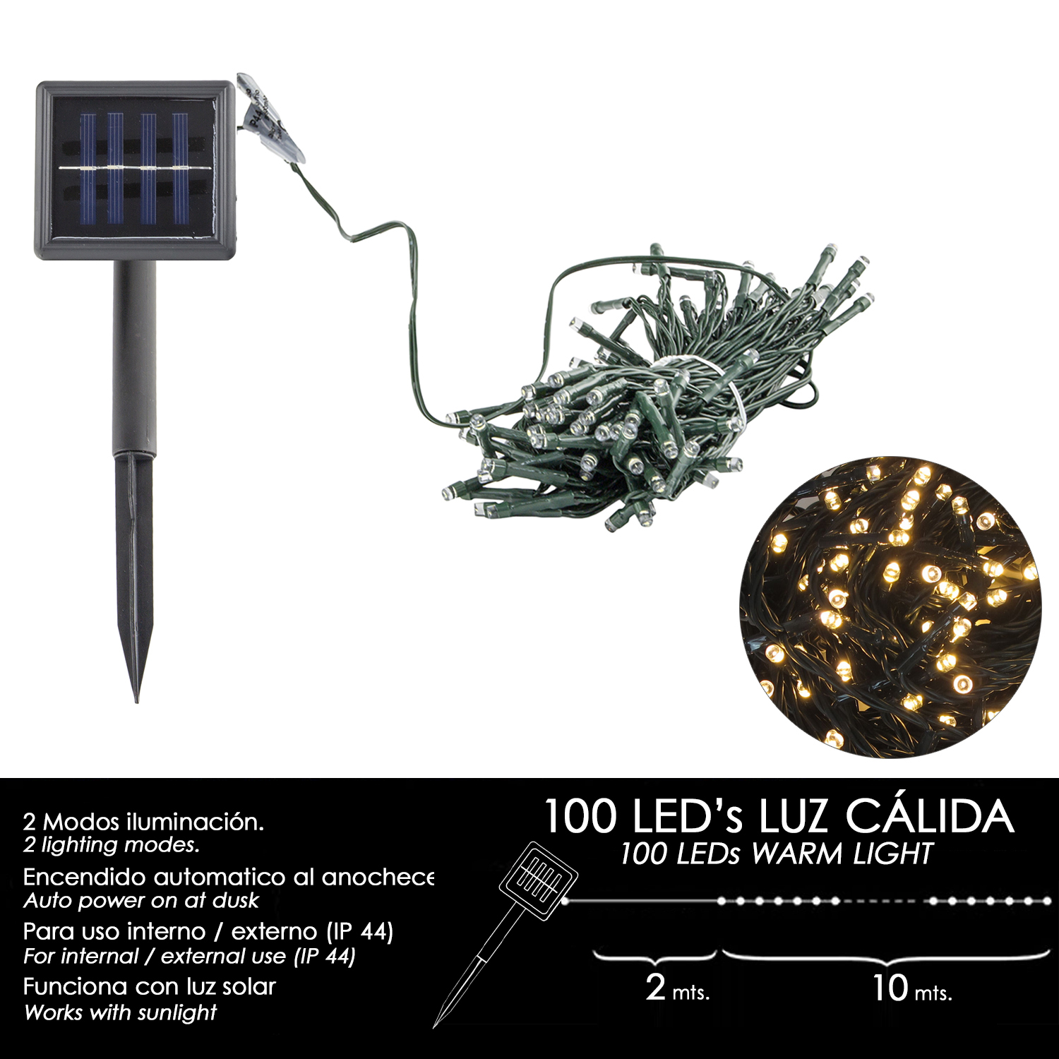 Luces Navidad Solar 100 Leds Luz Clida Interior / Exterior (IP44)