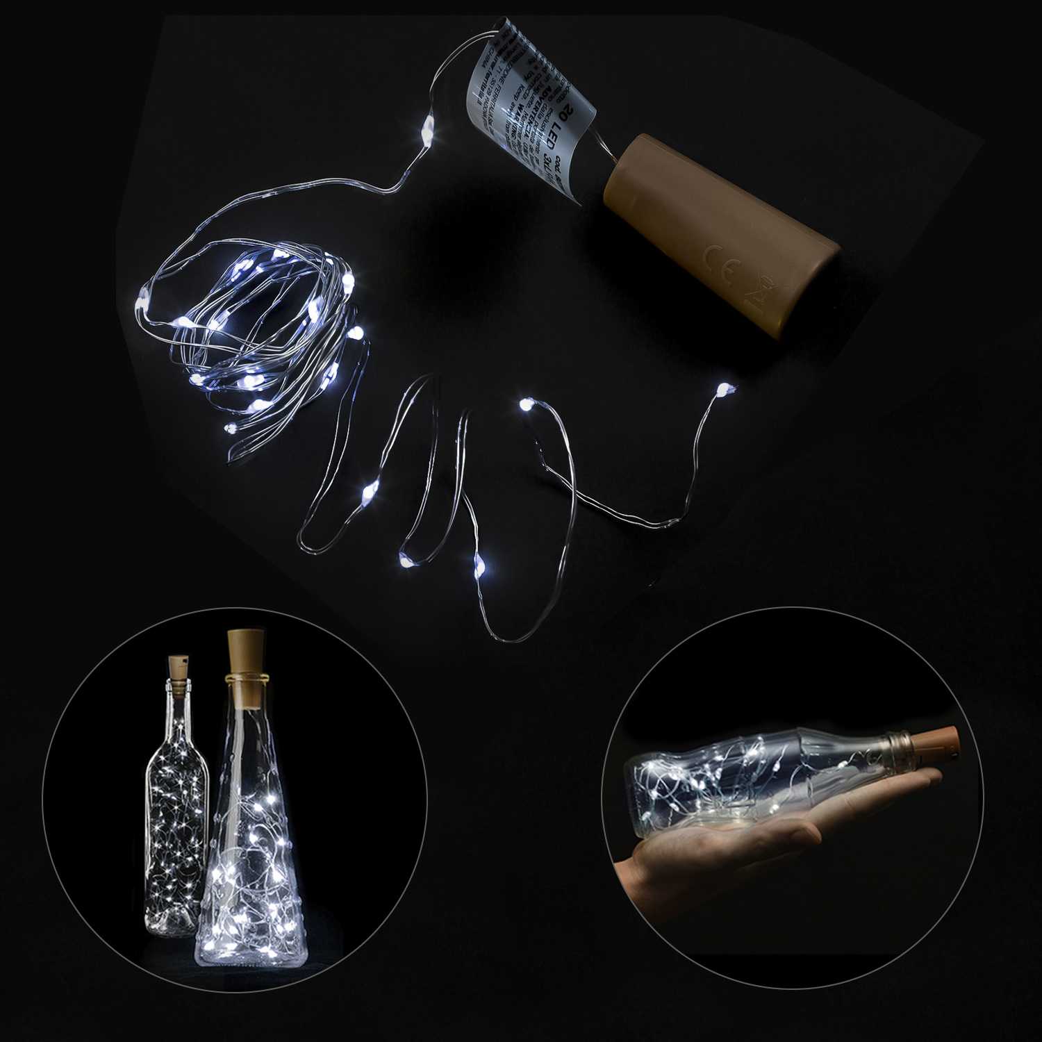 Luces Navidad Guirnalda Led con Tapon 20 Microled Blanco Frio IP20, A Pilas 3 LR44 (Si Incluidas)