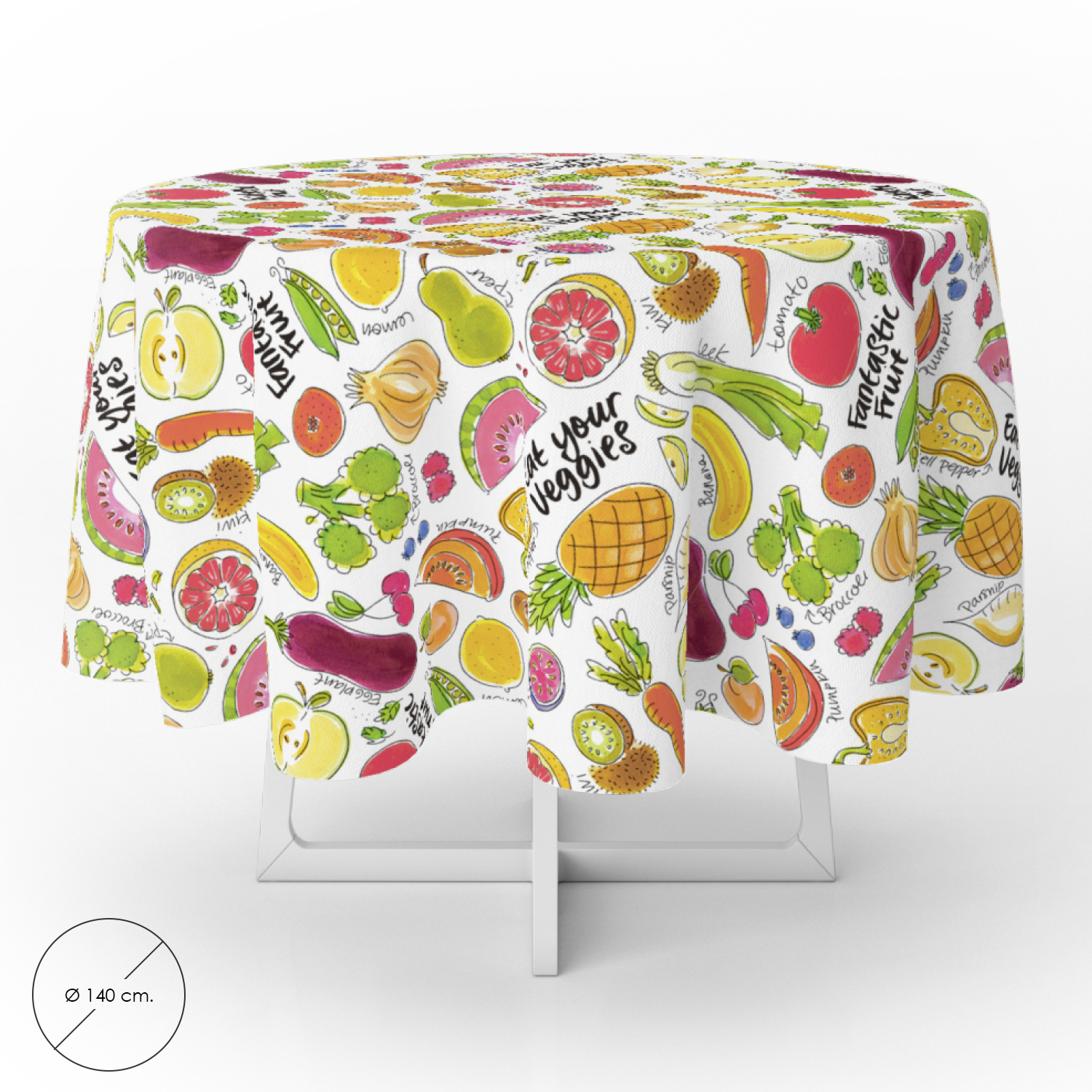 Mantel Hule Redondo Frutas Fantasia Impermeable Antimanchas PVC  140 cm, Uso Interior y Exterior