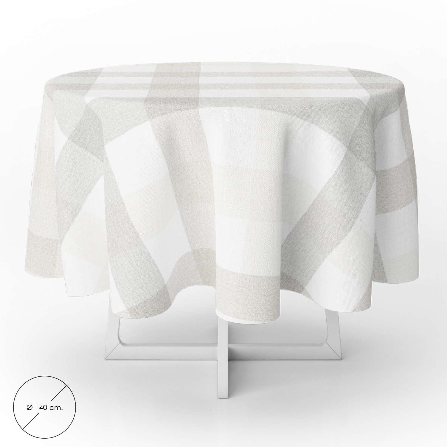 Mantel Hule Redondo Cuadros Beige Impermeable Antimanchas PVC  140 cm, Uso Interior y Exterior