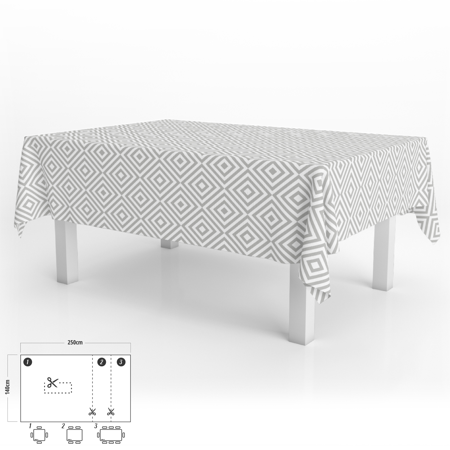 Mantel Hule Rectangular Rombos Grises Impermeable Antimanchas PVC 140x250 cm,  Recortable Uso Interior y Exterior