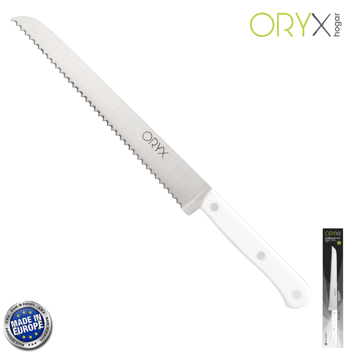 Cuchillo Husky Panero 21 cm, Hoja Acero Inoxidable, Cuchillo Pan , Cuchillo Cortar Pan Mango Ergonomico Blanco