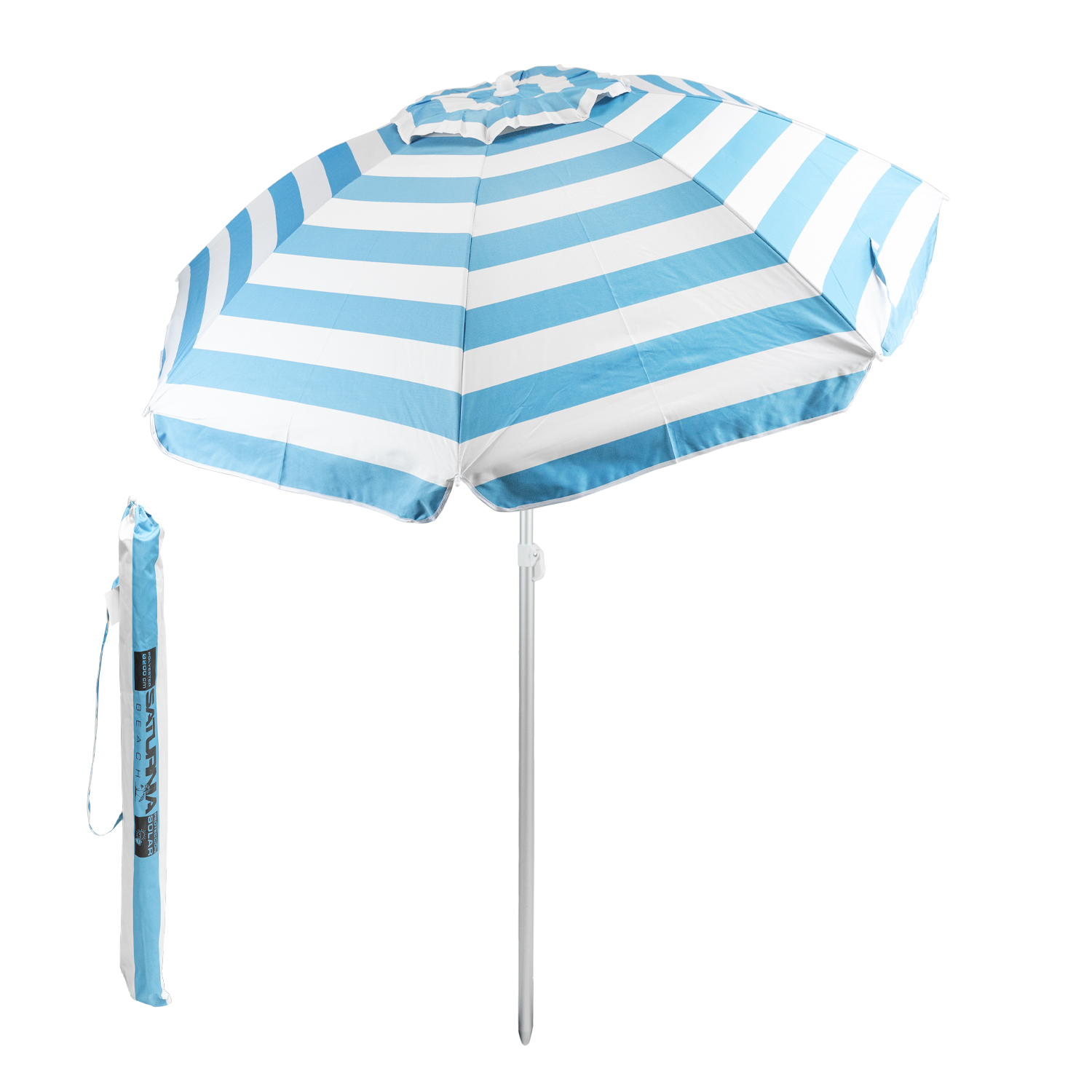 Sombrilla Playa Aluminio / Poliester  200 cm, Azul y  Blanca, Varillas Fibra De Vidrio, Proteccin Uv, Sistema Antiviento,