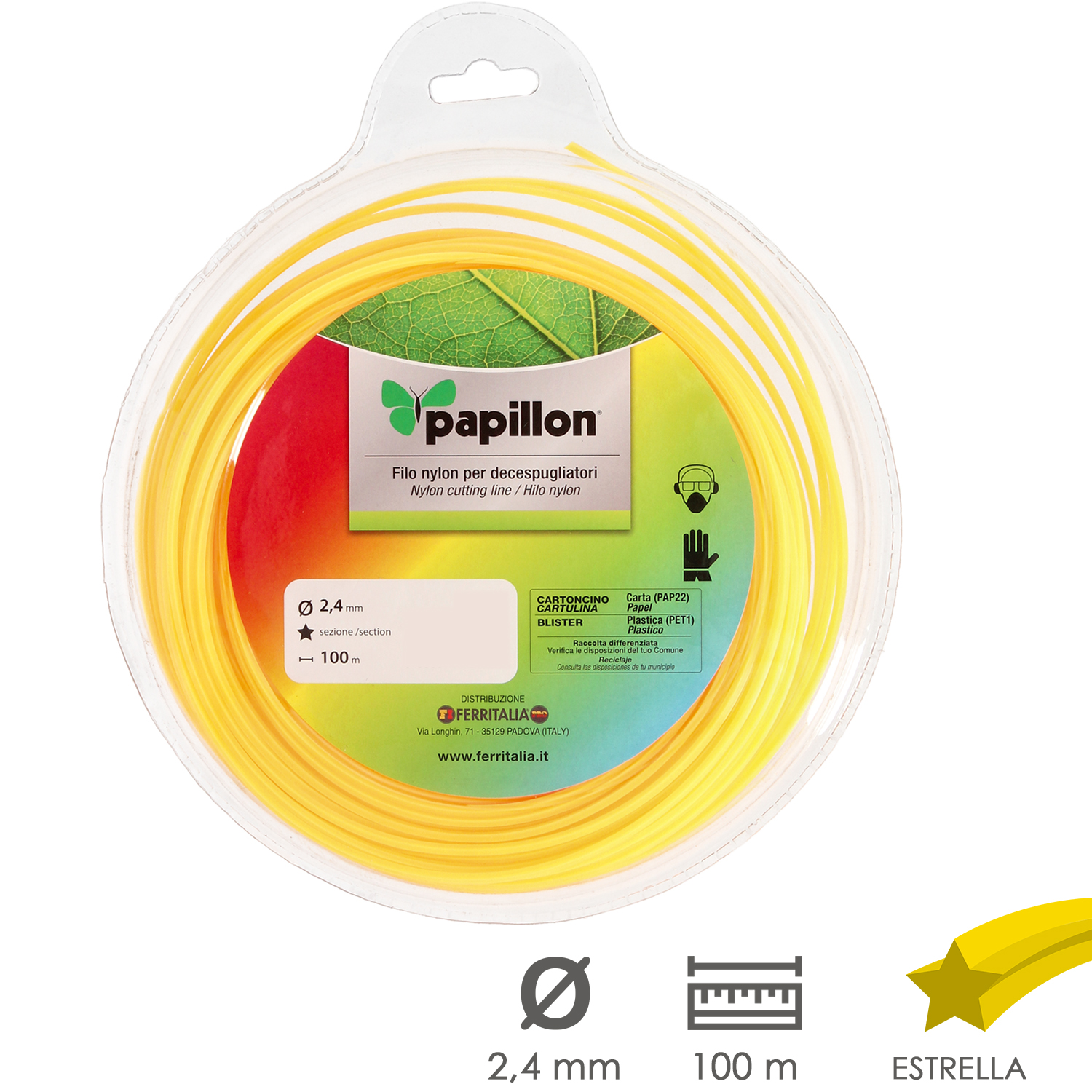 Hilo Nylon Desbrozadoras Estrella  2,4 mm, Rollo 100 metros, Hilo Nylon Corte Desbrozadores Hierba, Jardin, Maleza